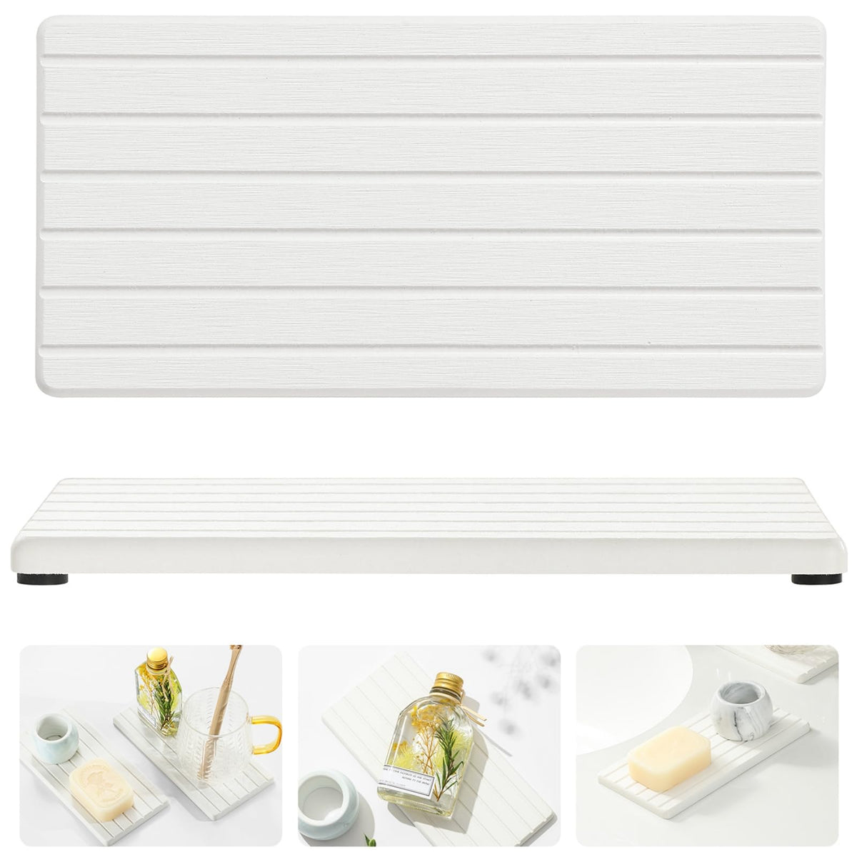 Razborci 2PCS Water Absorbing Stone Drying Tray Mat For Bathroom Sink & Kitchen Counter Faucet Organizer Decor, Quick Dry Dish Soap Dispenser Sponge Holder, Vanity Sink Caddy Bar Coaster,White-8"*3.8"
