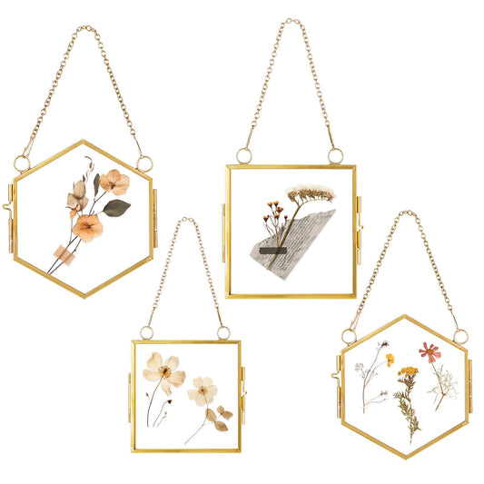 MegoSage Glass Frame for Pressed Flowers, 4 Pcs Vintage Mini Brass Multi-Shape Double Glass Floating Frames with Metal Chain – Pressed Flower Hanging Display for Home Wall Decor, DIY Artwork & Gifts