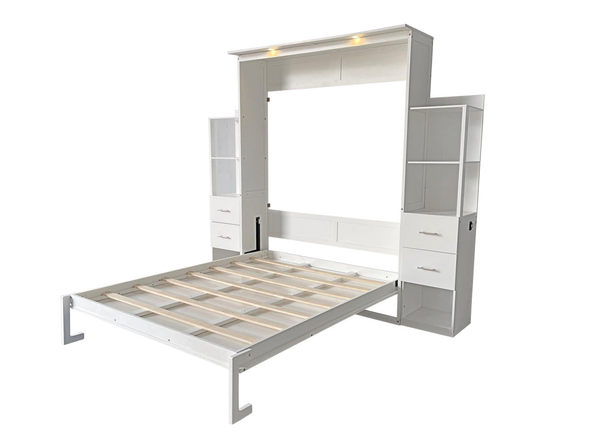 DNYN Queen Size Murphy Bed with 4 Storage Drawers & Shelf & Foldable & Wall Bedframe Design,for Small Space,Bedroom,Guest Room, White