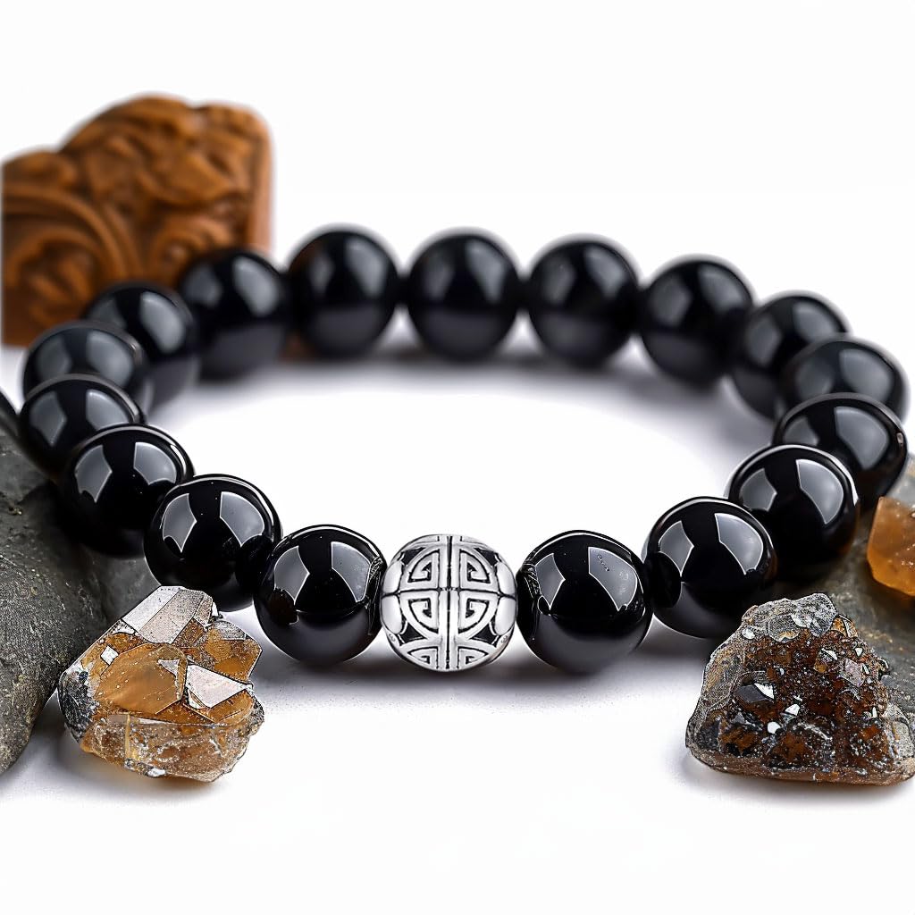 MetJakt Healing Crystals Beaded Bracelets for Womens Natural Gemstone 8mm Beads Stretch Bracelets with 925 Sterling Silver Double Happiness Pendant (Black Agate)