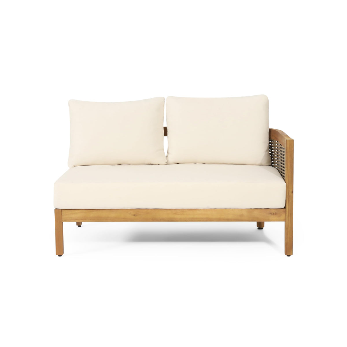 Merax 4 Piece Rattan Sofa Paito Conversation Set, All-Weather Acacia Wood V-Shaped Sectional Sofa with Coushions, 1 Coffee Table for Porch, Lawn, Backyard, Balcony, Teak