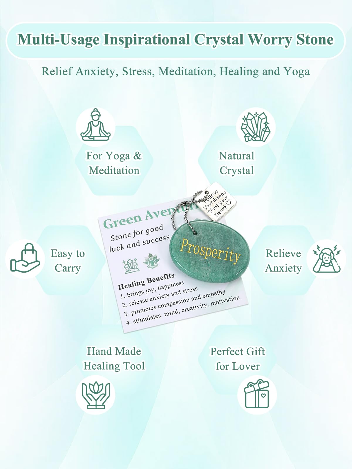 Top Plaza Green Aventurine Crystals Stone for Anxiety Natural Healing Gemstone Keychain Engraved Inspirational Follow Your Dreams Trust Your Heart Pocket Stone Good Luck Meditation Gifts