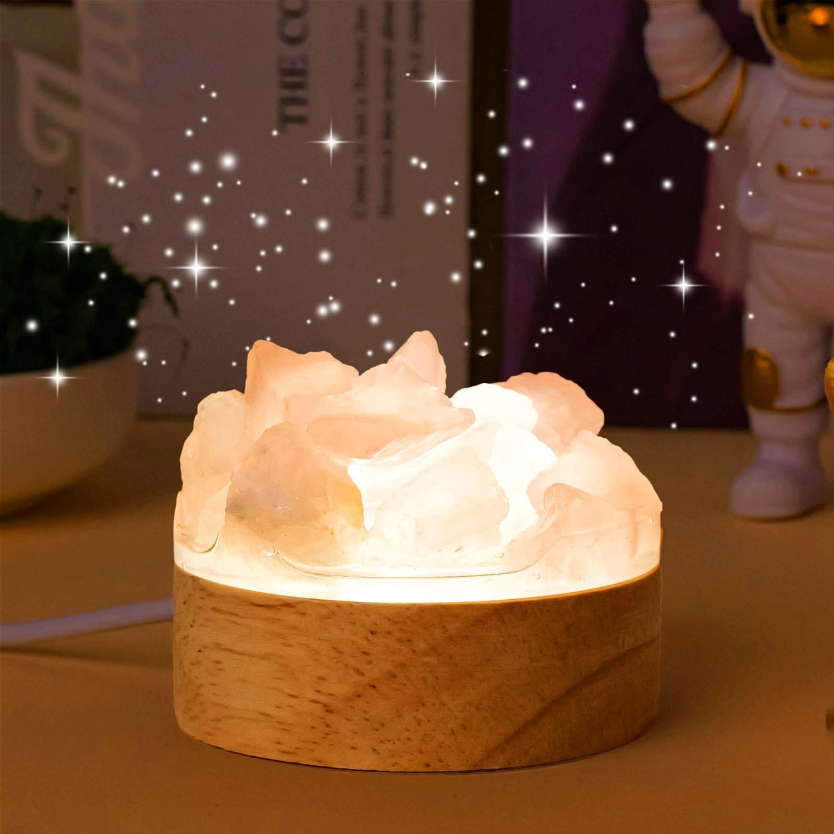 Runyangshi Rose Quartz Night Light with Natural Raw Crystal - USB Pink Glow Mini Lamp for Bedroom, Self-Love, Meditation, Healing Crystal Decor with Wood Base, Gift for Her