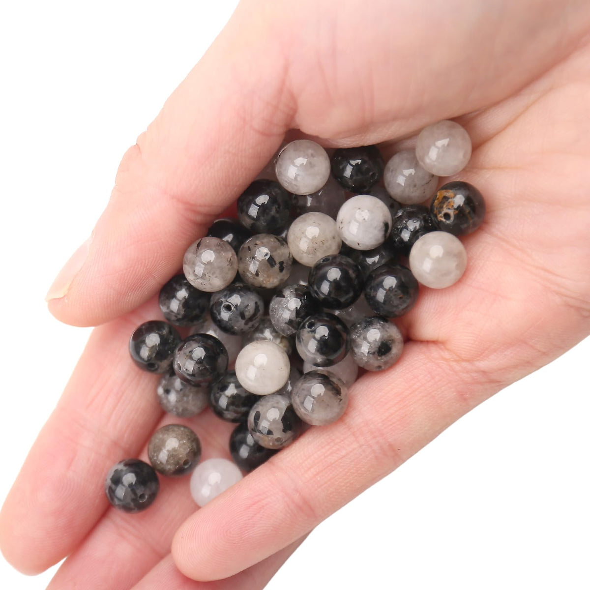 70PCS Natural 8MM Healing Gemstone, Black Rutilated Quartz Energy Stone Round Loose Beads, Semi-Precious Crystal Beads with Free Elastic String for Jewelry Making DIY