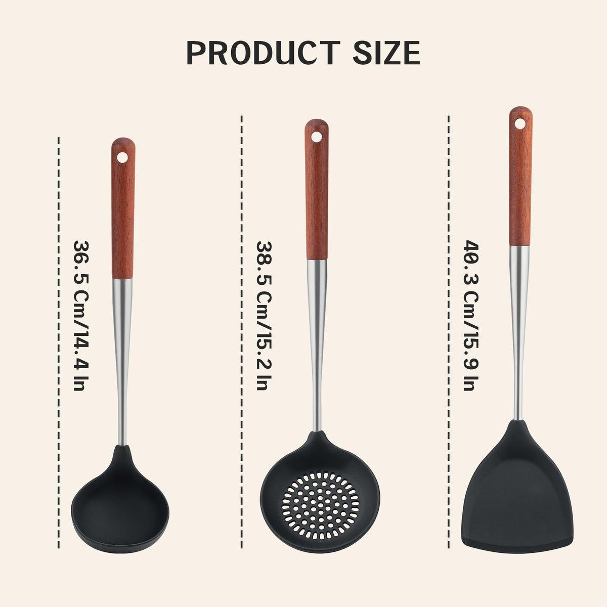 FJNATINH Silicone Spatula - Ladle - Skimmer Wok Tool Set,Stainless Steel Non Stick Heat-Resistant Cooking Utensils BPA Free Kitchen Utensils Cookware with Wooden Handle, Pack of 3