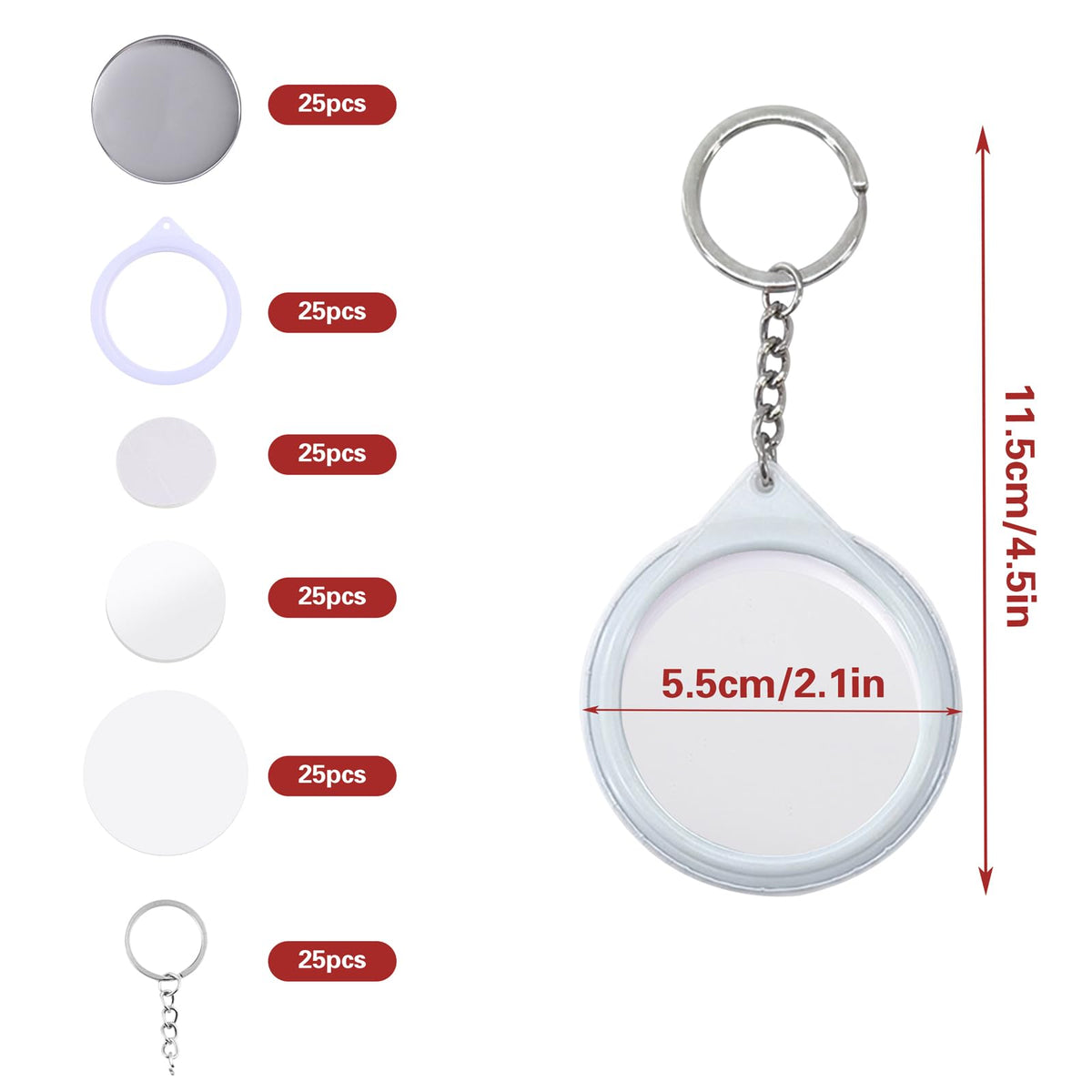 25 Sets Button Badge Maker Double-Sided Keychain, 2.28 Inch (58 mm) Tinplate Badge with Metal Cover, Mirror, Plastic Base and Keychain, Supplies for Button Making Machine