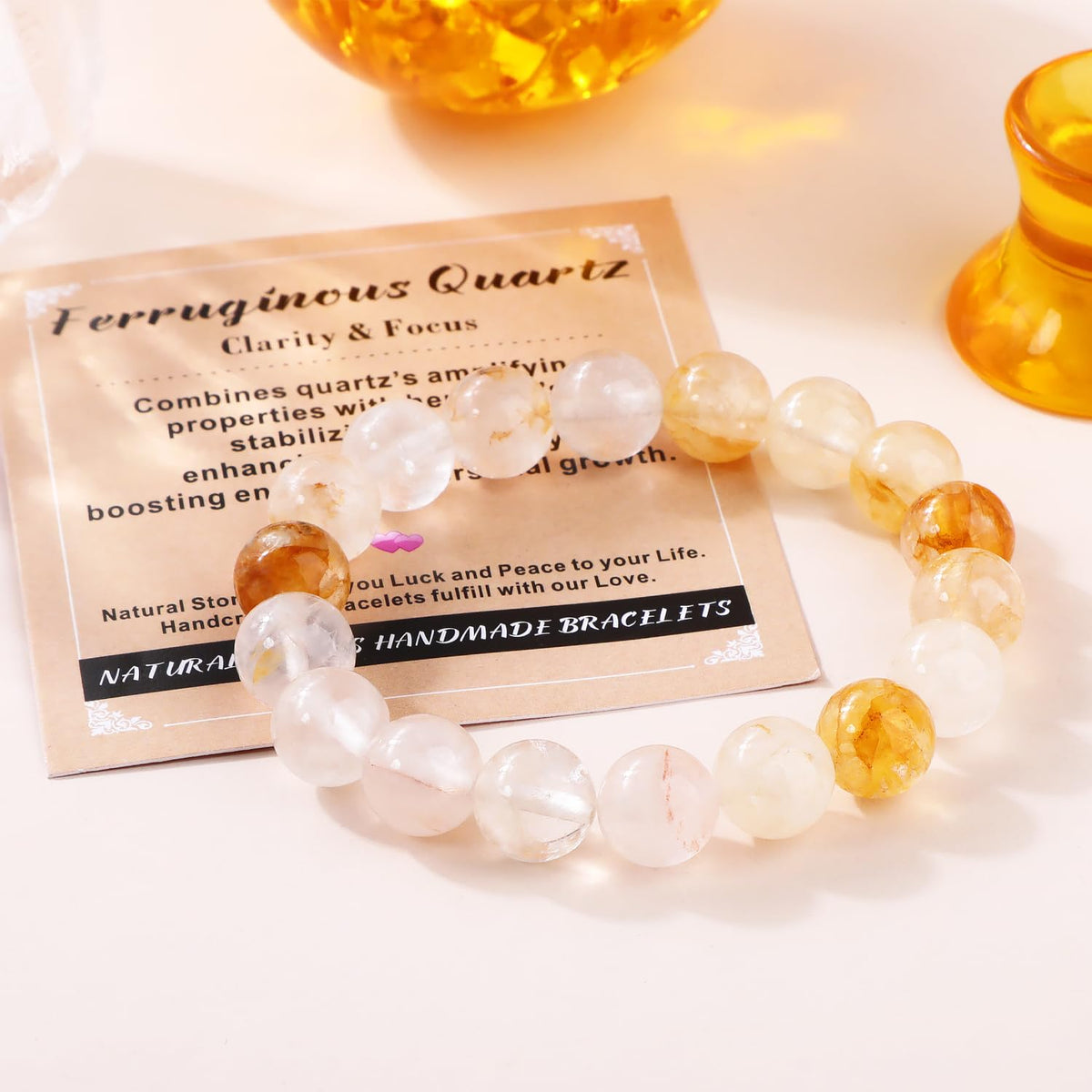 AD Beads 10mm Handmade Ferruginous Quartz Elastic Bracelet – Natural Gemstone for Clarity & Focus – Meditation, Yoga, Healing and Energy Gift for Men Women