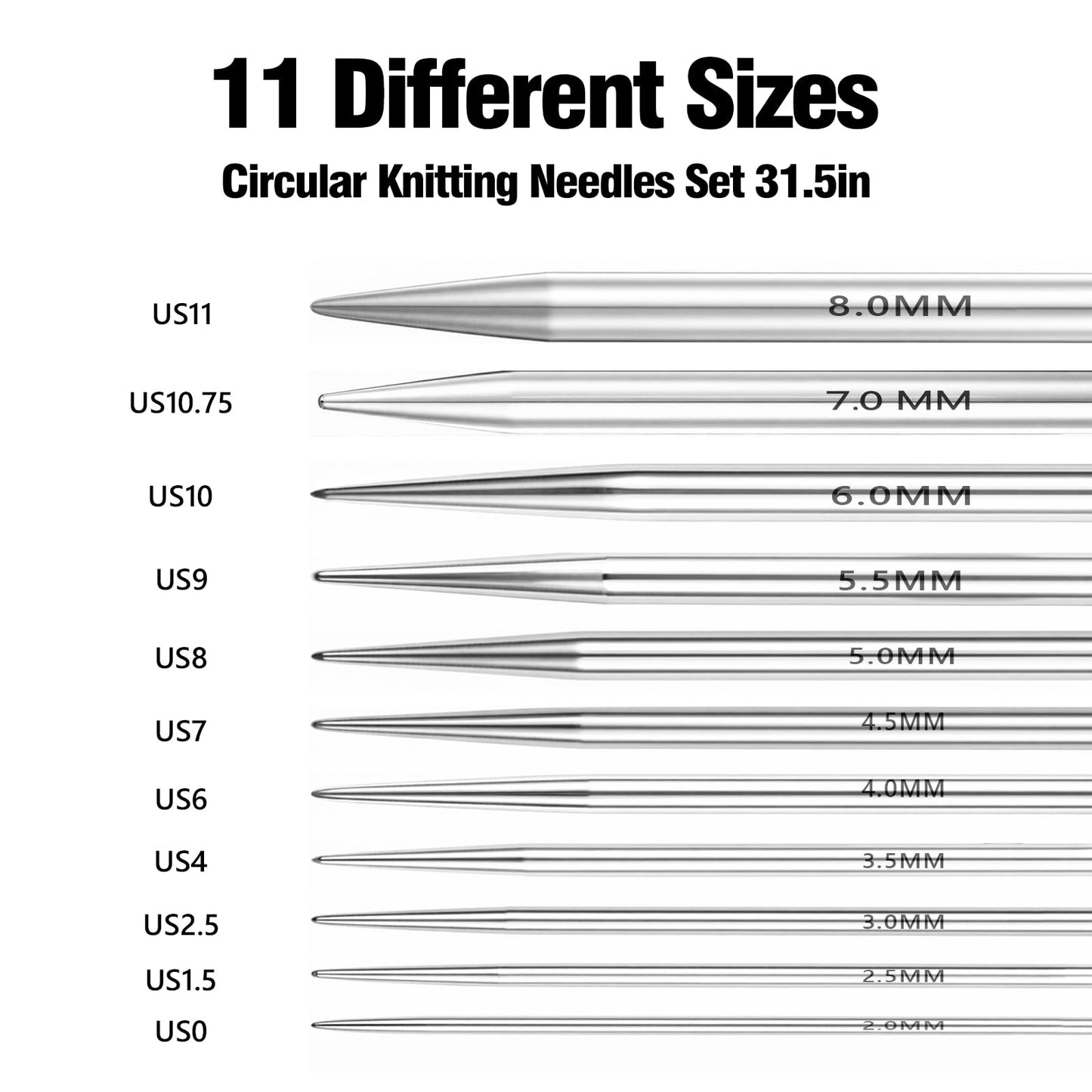 LIHAO Circular Knitting Needles Set, 11PCS Stainless Steel Knitting Needles＆Knitting Accessories for Beginners, 32 inches (80 cm)