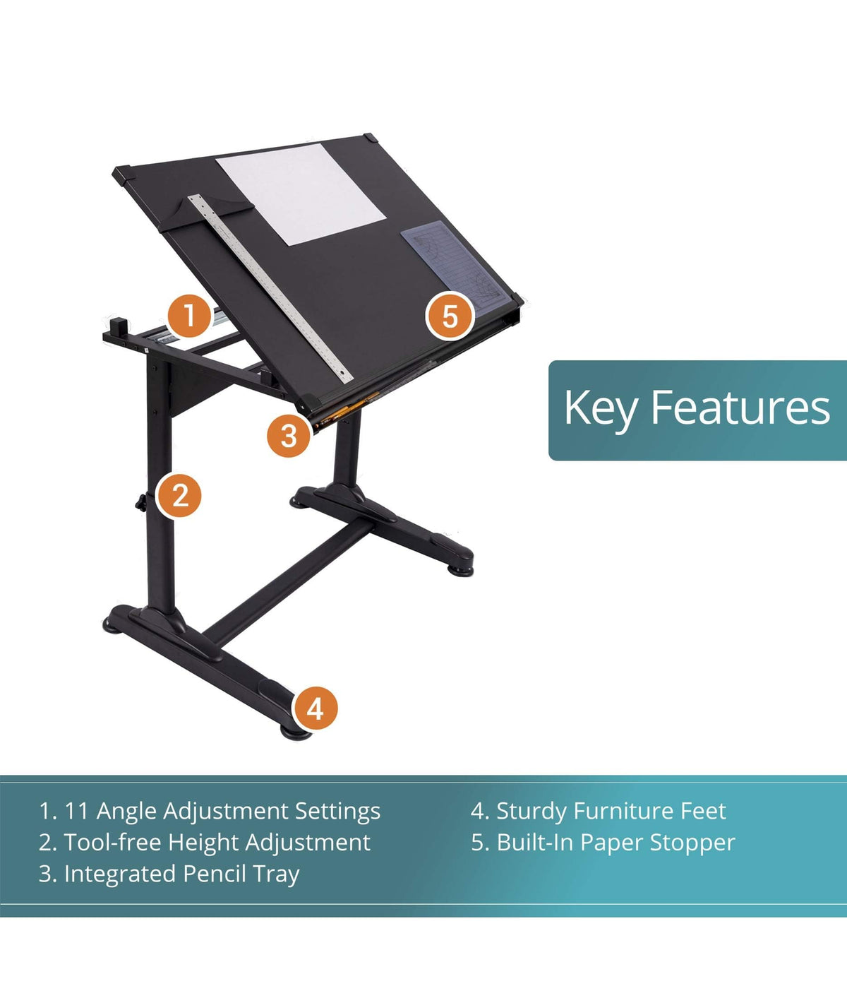Stand Up Desk Store Adjustable Height and Angle Drafting Table Drawing Desk with Large Surface (Black Frame/Black Top, 40" W X 26" D)