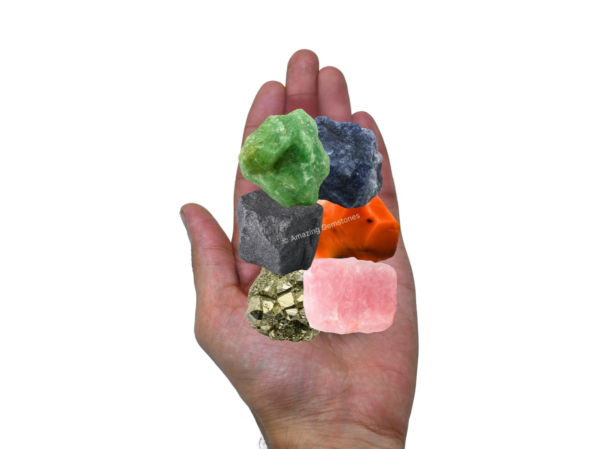Amazing Gemstone Crystals for Motivation & Self Belief Manifestation, Set of 6 Green Aventurine, Pyrite, Hematite, Iolite, Carnelian and Rose Quartz Healing Crystals and Stones