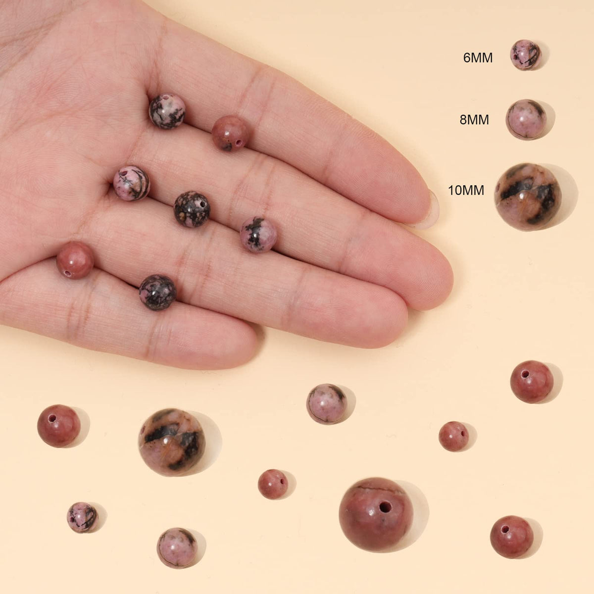 60pcs 6mm Natural Stone Beads Red Black Rhodonite Beads Energy Crystal Healing Power Gemstone for Jewelry Making, DIY Bracelet Necklace