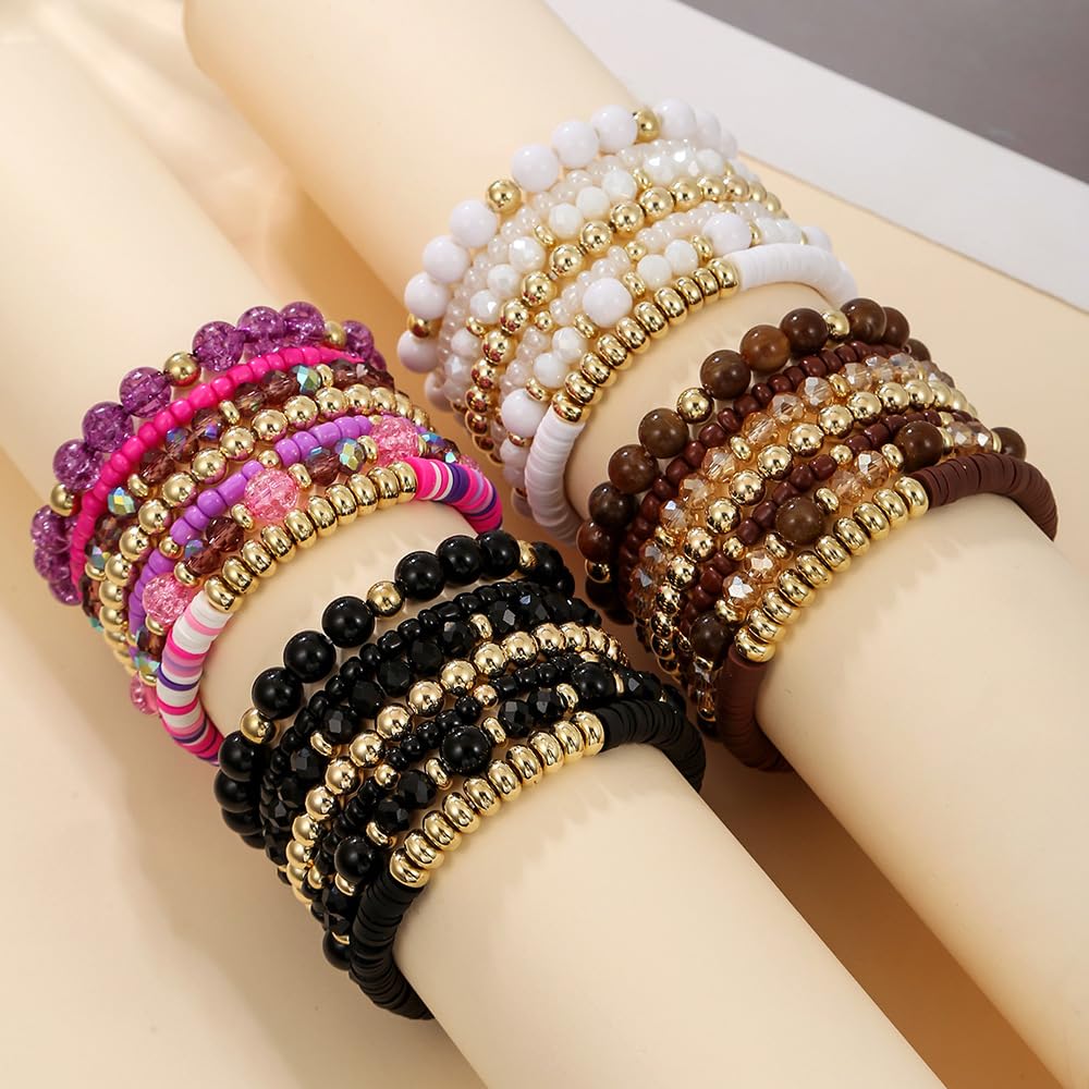 YEOSMINE Boho Heishi Clay Beaded Stretch Bracelets Stack For Women, Preppy Teens Friendship Gold Bracelets Cute Beach Surfer Accessories Bulk Set Trendy Fashion Jewelry