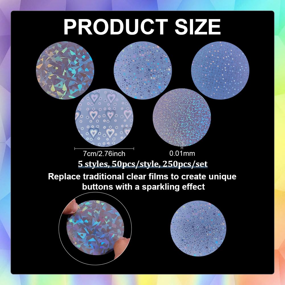 BENECREAT 250Pcs 5 Styles Badge Protective Film, 2.76inch Button Maker Supplies, Plastic Film for DIY Round Badge Button Making DIY Gift