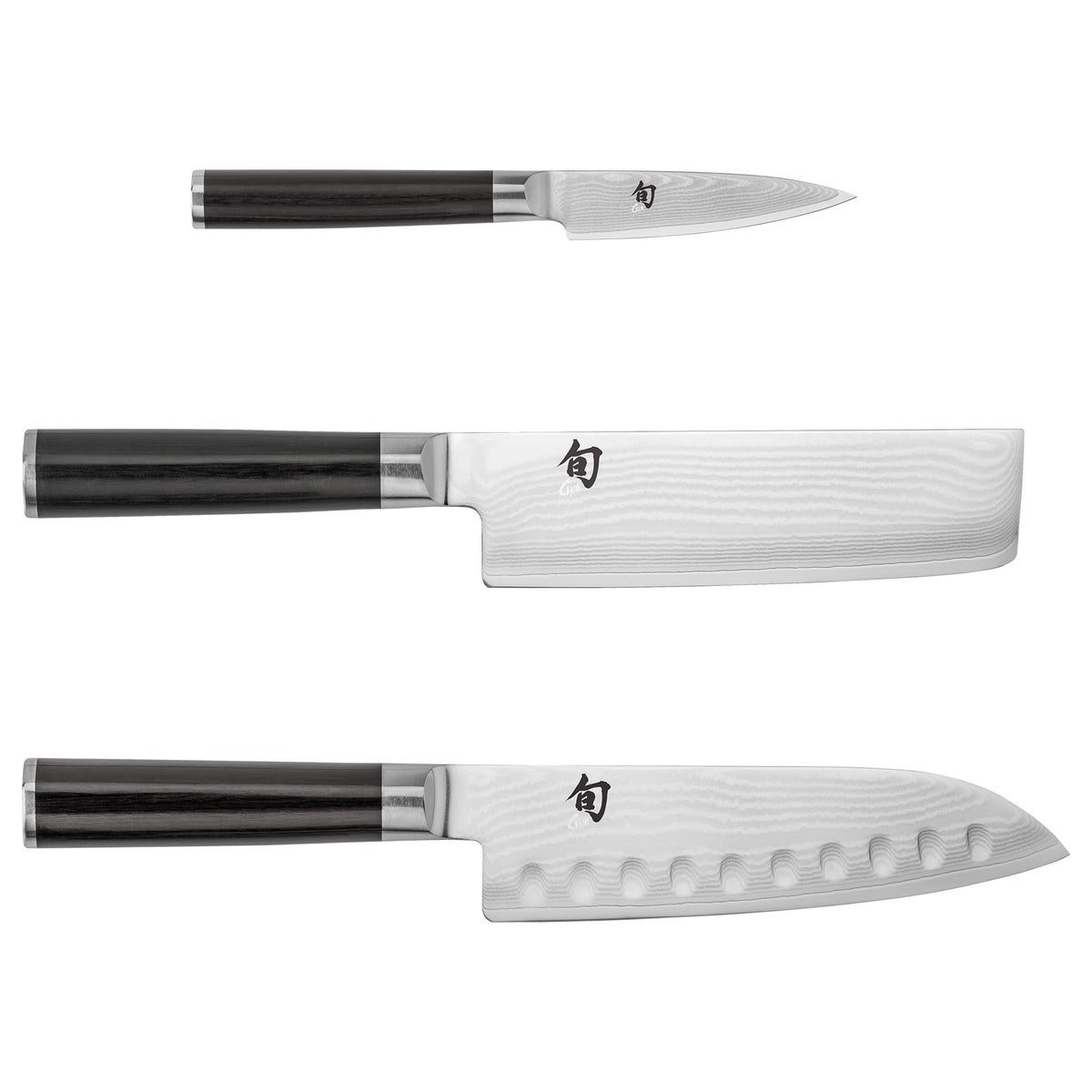 Shun Classic 3 Piece Japan Starter Set, Includes 7" Hollow Ground Santoku, 3.5" Paring & 6.5" Nakiri Knives, Handcrafted Japanese Knife Set, Damascus Stainless Steel Cladding, Pakkawood Handles