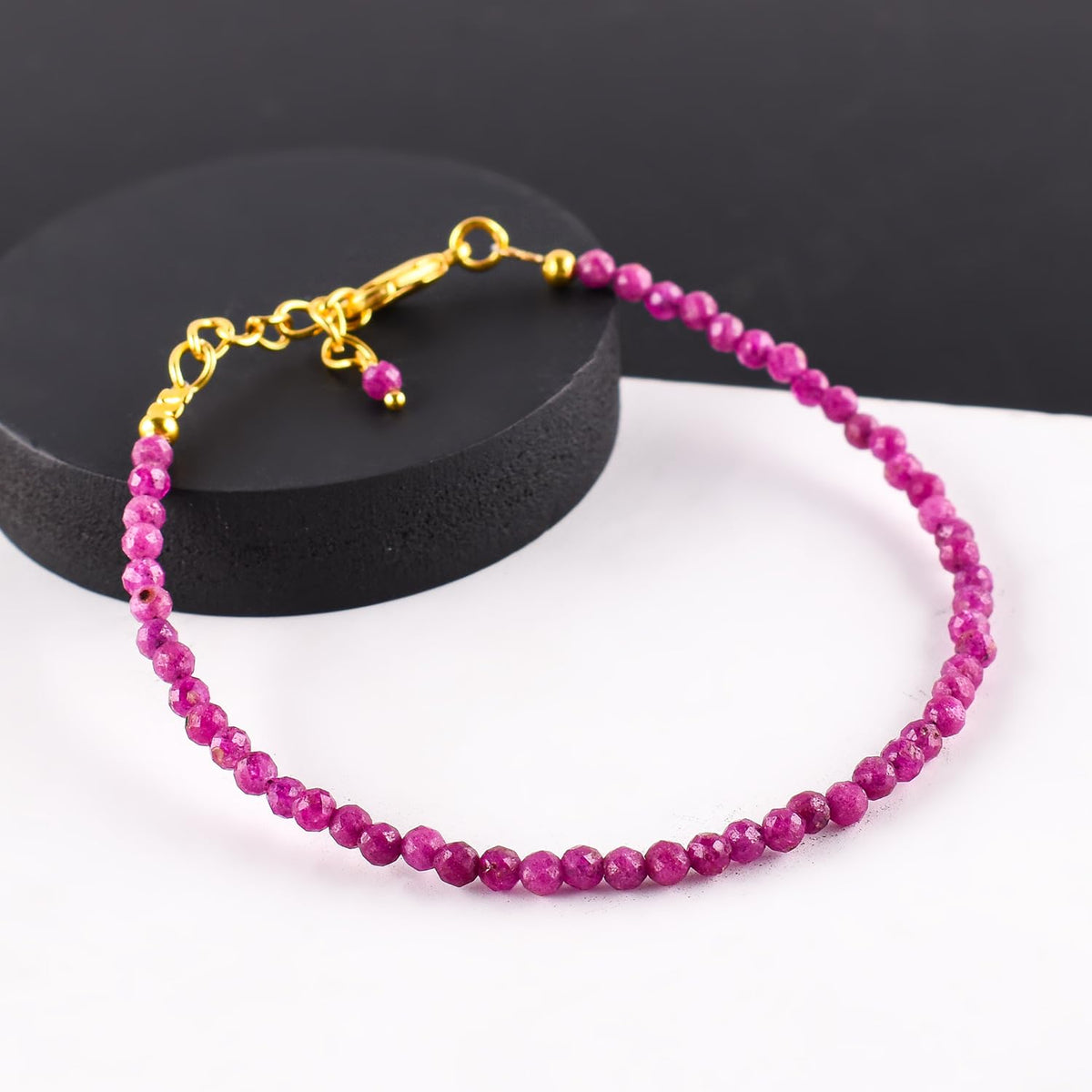 Natural Pink Ruby Gemstone Micro Beads Dainty Bracelet Jewelry for Women, July Birthstone, Chakra Energy Crystals, 14k Gold Plated Chain 8 inch Adjustable