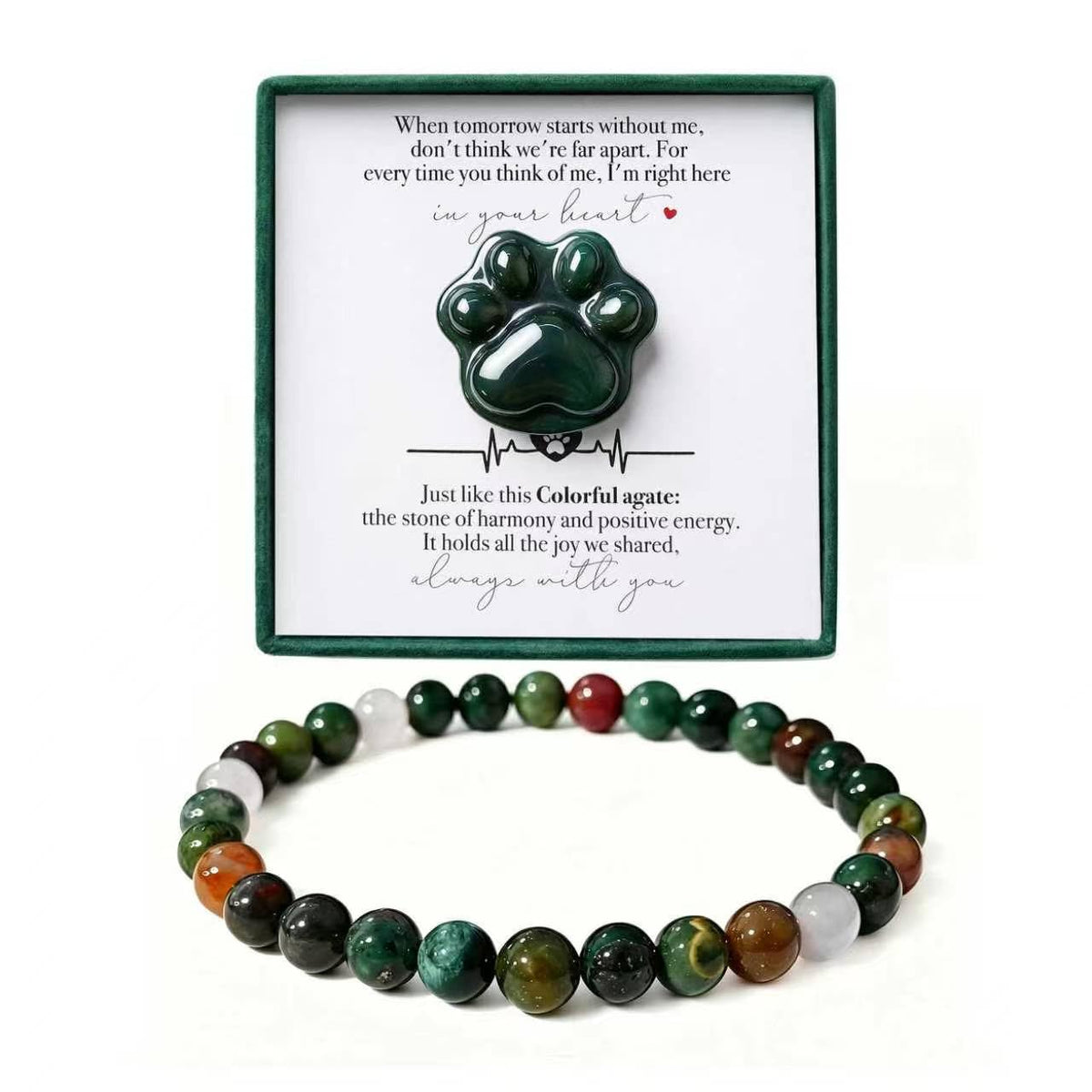 LINGYUAN Pet Loss Sympathy Gift, Indian Agate Paw Crystal and Bead Bracelet Set with Memorial Card, Dog Remembrance Keepsake Box