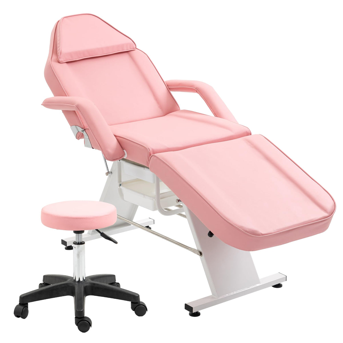 Massage Salon Tattoo Chair with Two Trays Esthetician Bed with Hydraulic Stool,Multi Purpose 3 Section Facial Bed Table, Adjustable Beauty Barber Spa Beauty Equipment, Pink