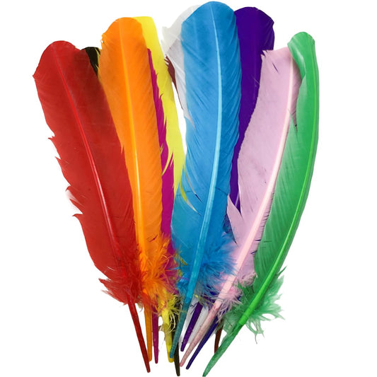 24Pcs Colorful Turkey Feathers 10-12in Long,12 Colors,Bulk Beautiful Colored Natural Feather for Crafts (26-31cm),for Wedding Dress and Party Decoration,DIY Fabricating Handicraft Article (Colorful)