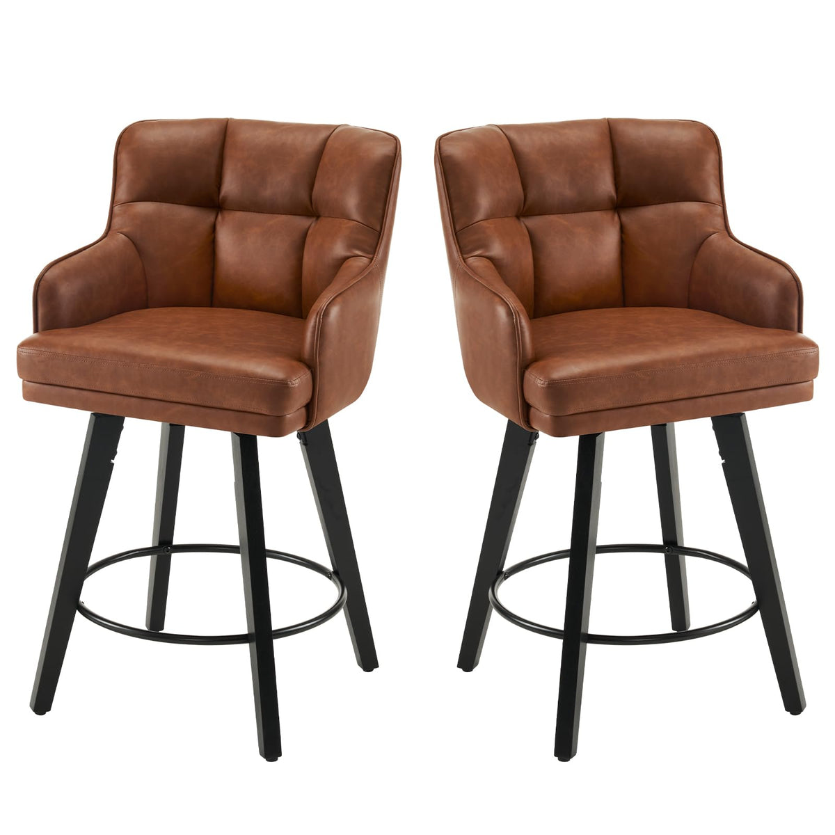 SAECKBERG 360°Swivel Counter Height Bar Stools with Back, 26 inch Solid Wood Legs, Bar Stool Modern Kitchen Island Chairs, Faux Leather (Brown- Faux Leather, 26" H- Set of 2)