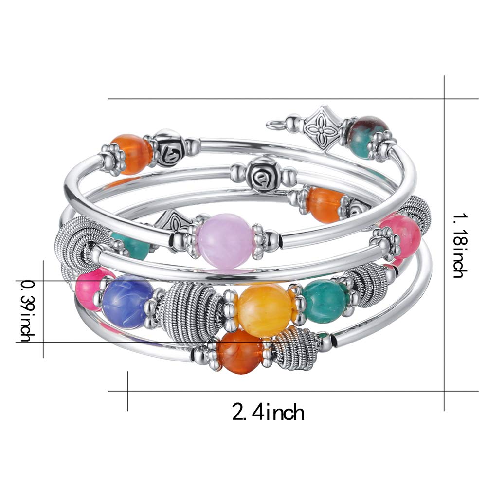 PEARL&CLUB Beaded Chakra Bangle Turquoise Bracelet - Fashion Jewelry Wrap Bracelet with Thick Silver Metal and Mala Beads, Birthday Gifts For Women(Colorful)