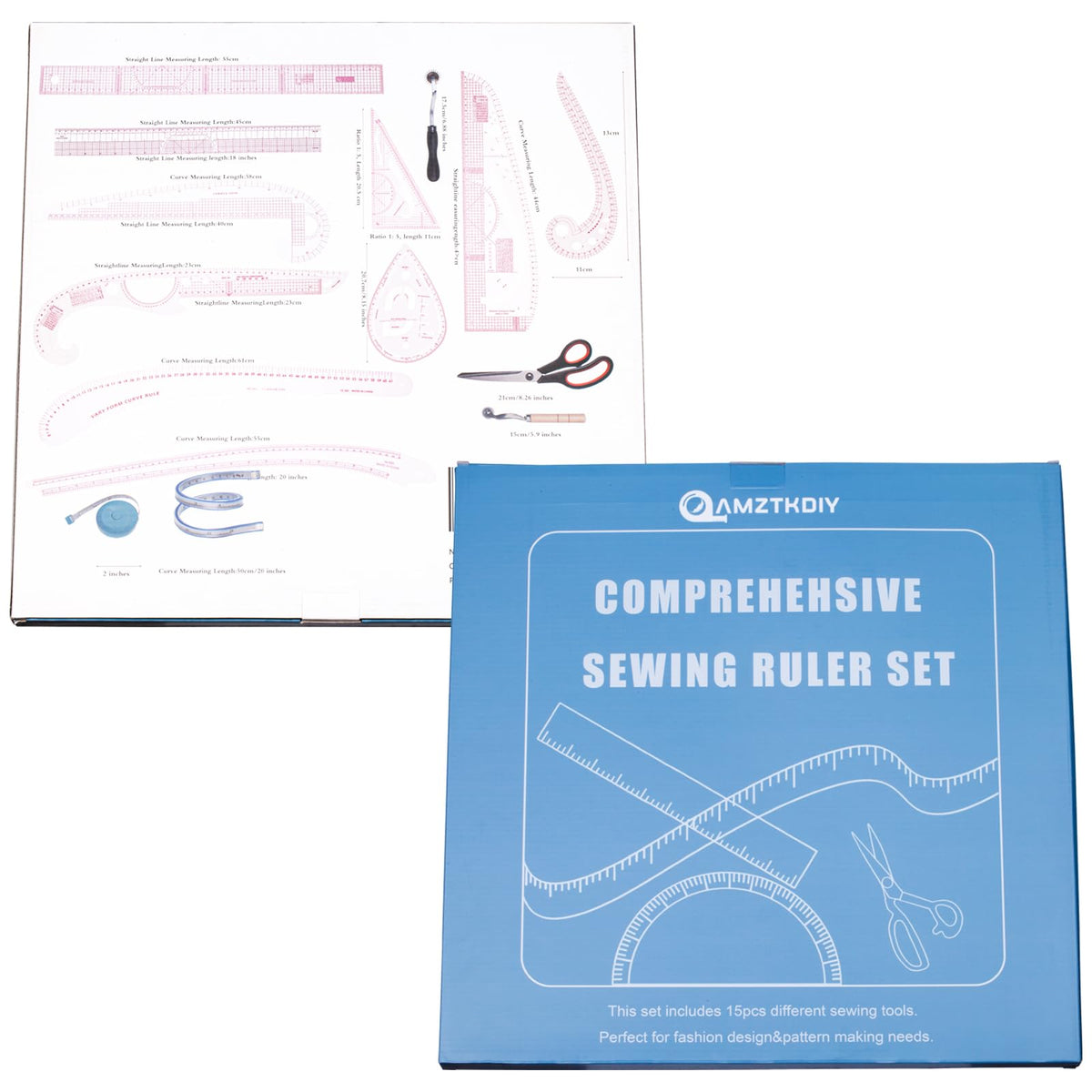 AMZTKDIY Acrylic Sewing Ruler Set，French Curve Pattern Rulers Kit for Tailors Designers Precision Pattern Making Guides Quilting and DIY Supplies (Ruler Set 4-15Pcs)