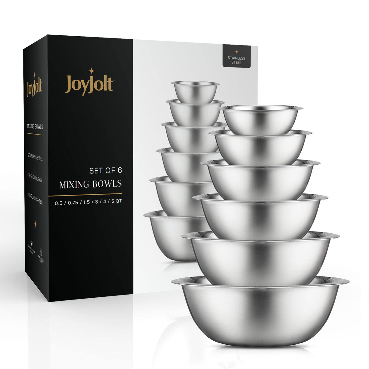 JoyJolt Stainless Steel Mixing Bowl Set - 6 Piece Nesting Bowls, 5qt to 0.5qt, Ideal for Kitchen, Cooking, Baking and Storage