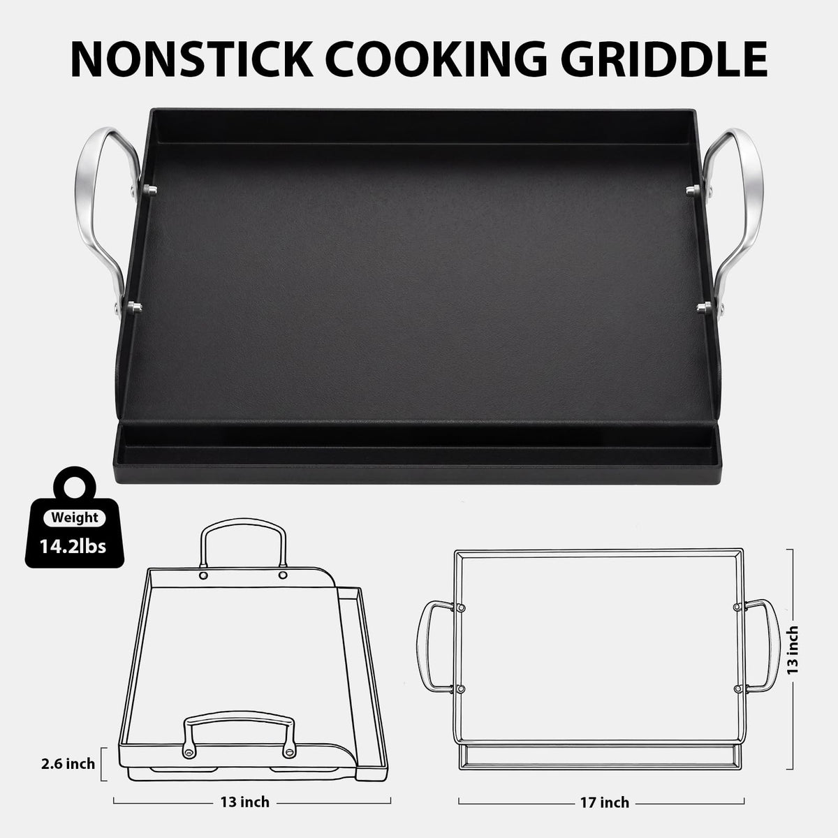 Utheer 17" x 13" Nonstick Coating Cooking Griddle for Gas Grill, Universal Griddle Flat Top Plate Insert with Grease Groove and Removable Handles for Charcoal/Gas Grills, Camping, Tailgating, Parties