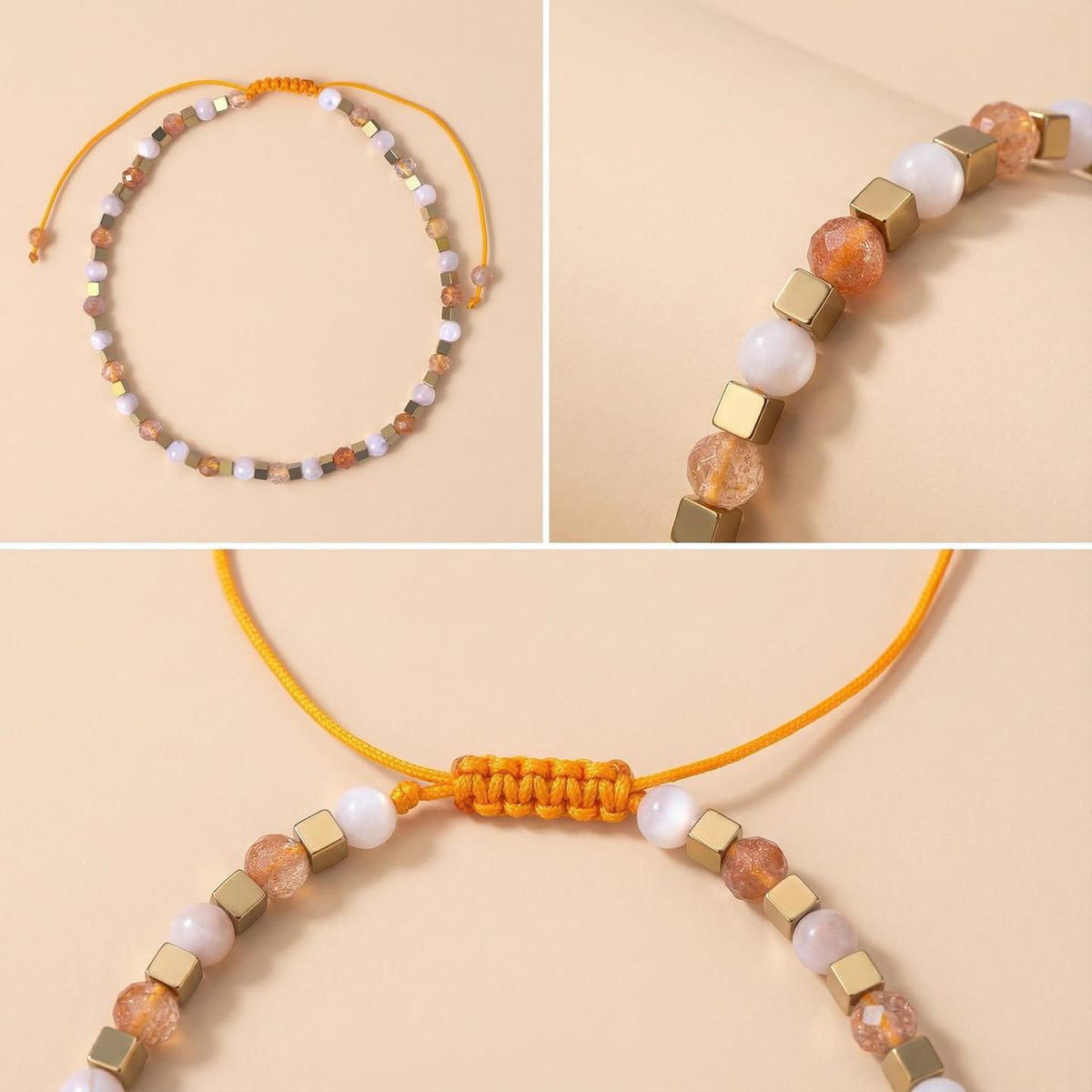 BEADSENER Sunstone Feldspar Adjustable Charming Bracelet for Women, 3mm Natural Shell Gemstone Hematite Stone Beads, Pull String Slider Metal Free Design Waterproof, Gift for Her Daily Wear