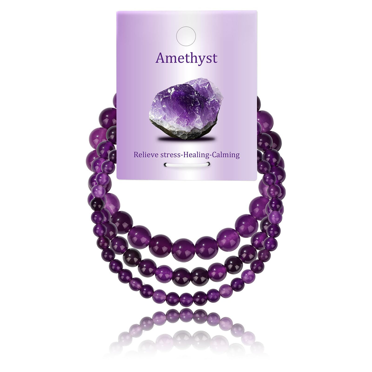 Bolinailo 3Pcs Natural Healing Crystal Bracelets for Women Men, 4mm 6mm 8mm Beaded Stretch Bracelet Set, Amethyst Natural Stone Gemstone Jewelry Gifts for Meditation, Reiki & Yoga