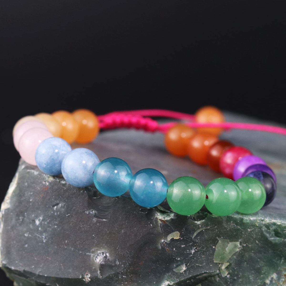 DAZCOLO Handmade Gem Bracelet Adjustable Macrame Gemstone 8mm Round Beads Crystals Quartz Unisex (7 Chakra)