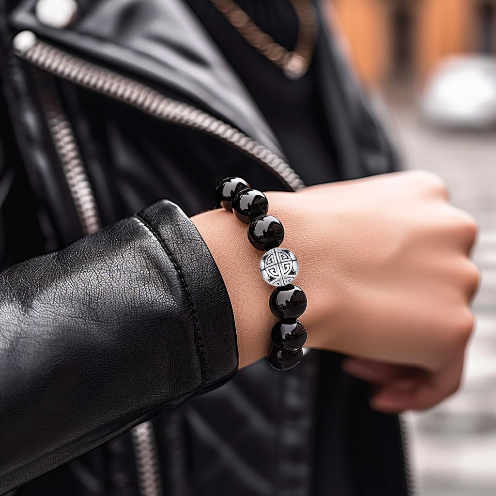 MetJakt Healing Crystals Beaded Bracelets for Womens Natural Gemstone 8mm Beads Stretch Bracelets with 925 Sterling Silver Double Happiness Pendant (Black Agate)