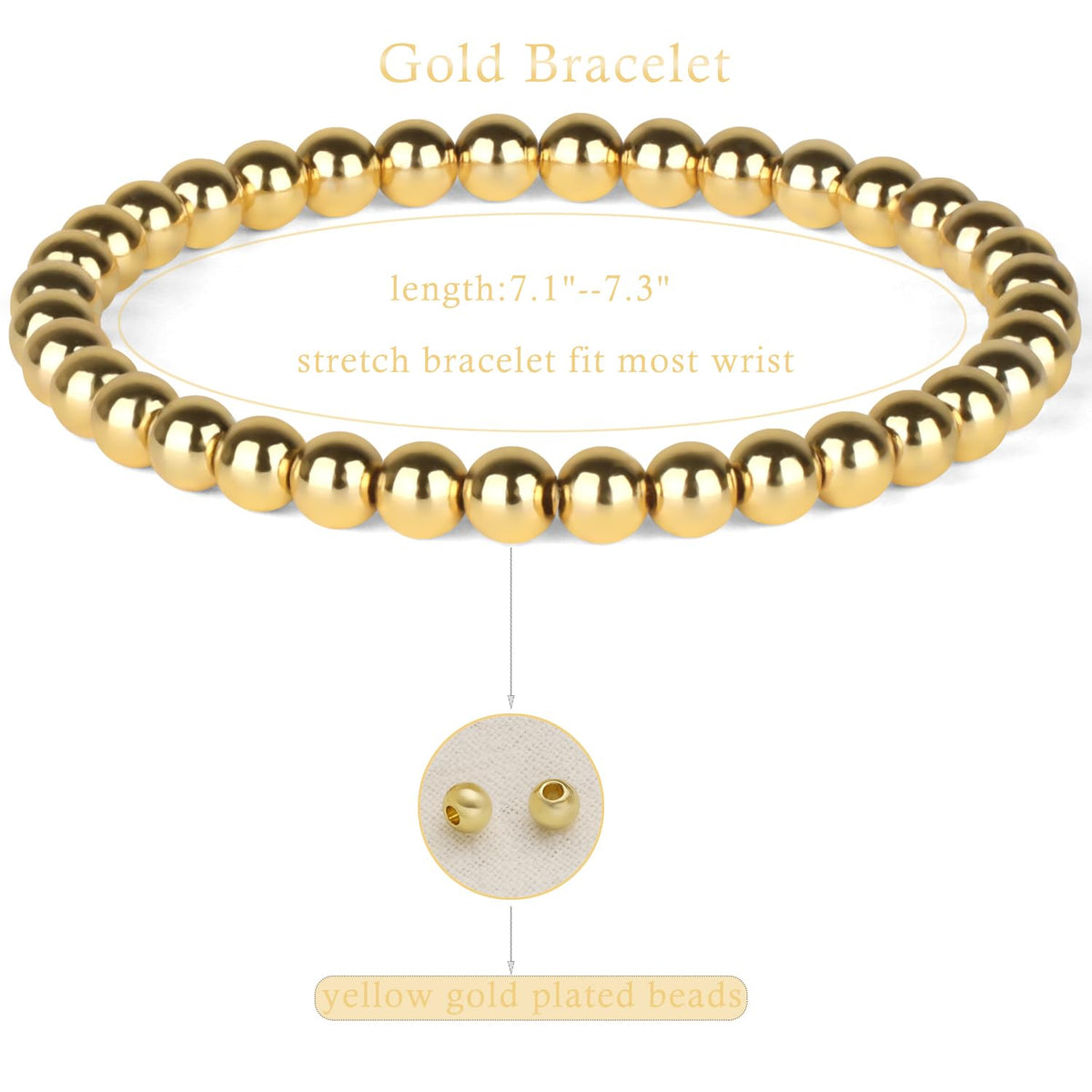 QOGIR 14K Gold Plated Beads Gemstone Stretch Elastic Dainty Handmade Beaded Bracelets for Women Gifts 6mm