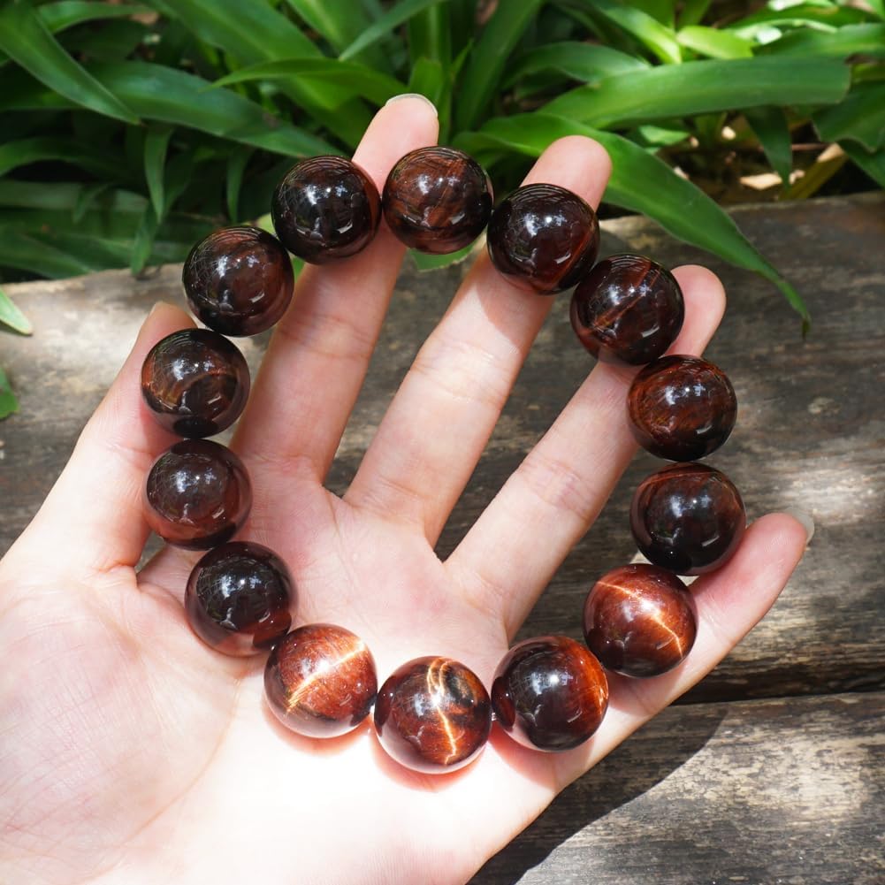 TaHLga 18MM Red Tigers Eye Bracelet for Men Women| Natural Crystal Beads for 10 inch XXXLarge Wrist | With Velvet Bag, Gift Box, Repair Kit | Root Chakra Stone Energy Shield