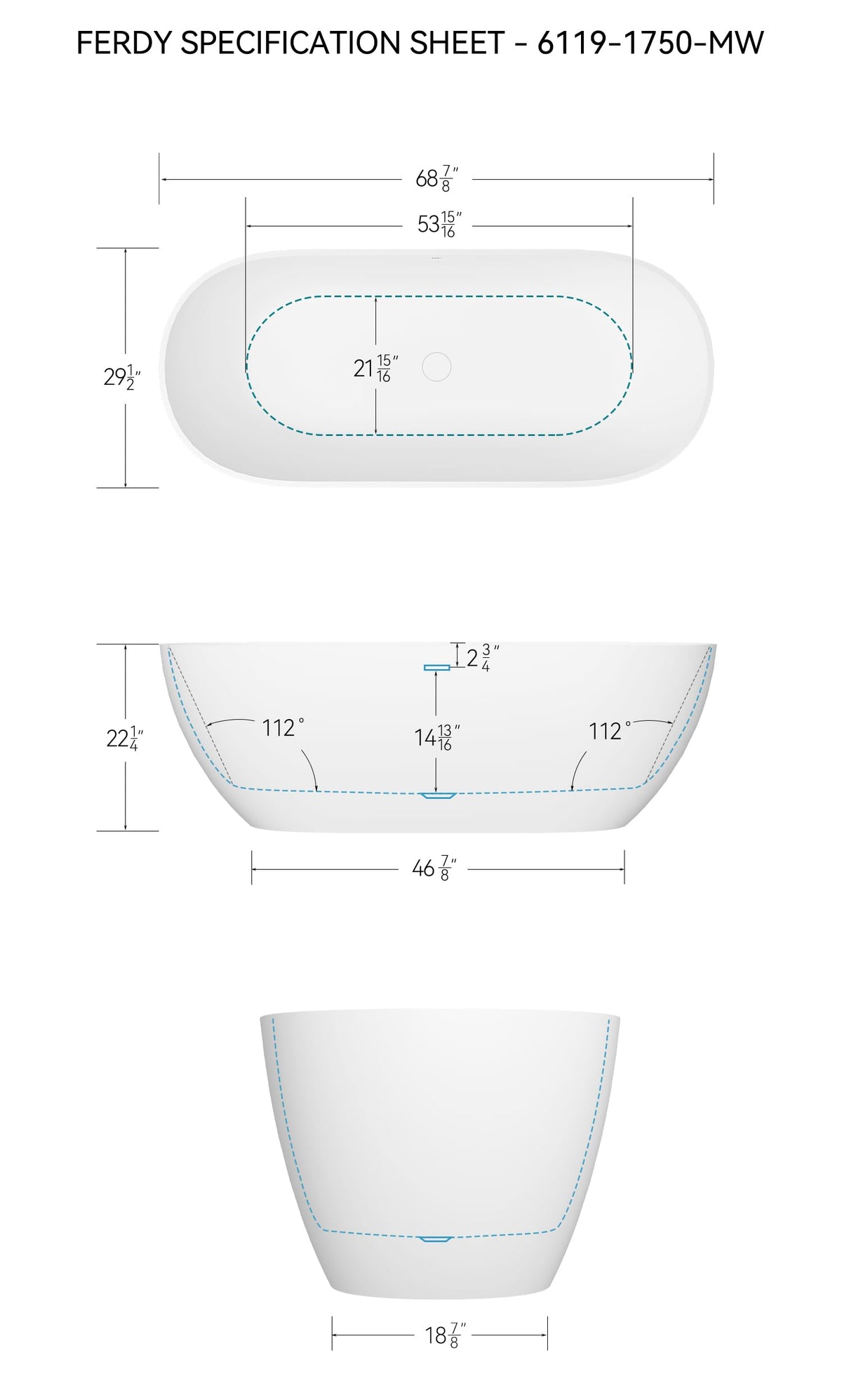 FerdY Fiji 69" Stone Resin Freestanding Bathtub, Classic Oval Shape Soaking Bathtub, Solid Surface Soaking Tub, cUPC Certified, Integrated Slotted Overflow and Matte White Pop-up Drain