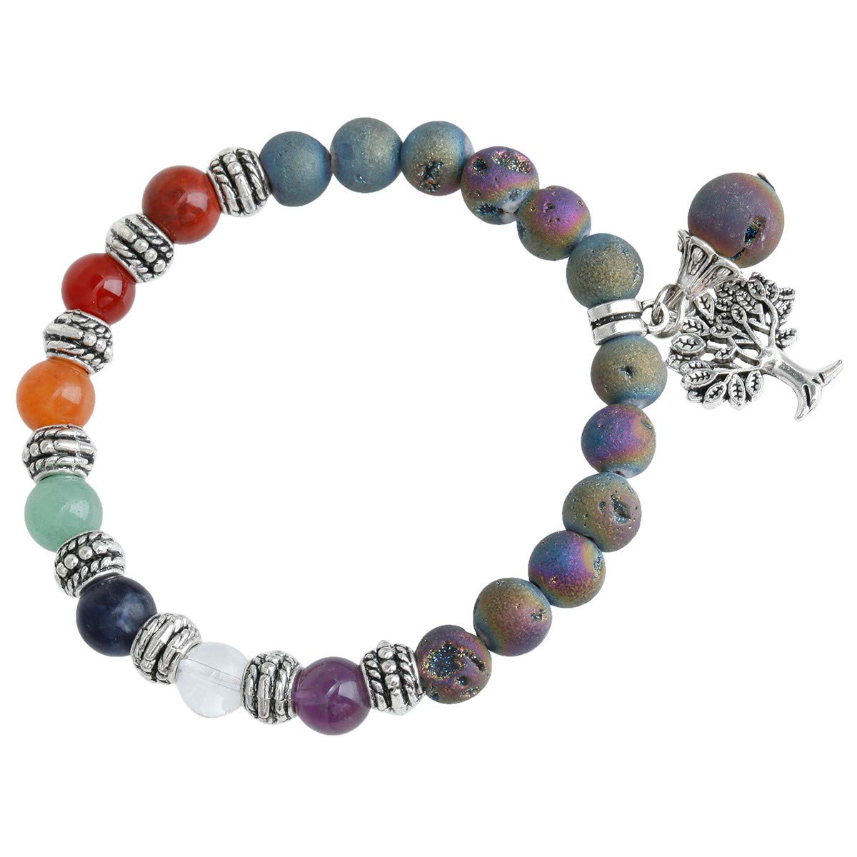 TUMBEELLUWA Beaded Bracelets Semi Precious Stone Yoga Beads Crystals Tree Charm Chakra Bracelet Handmade Jewelry for Women,Rainbow Titanium Coated Druzy(7 Chakra)