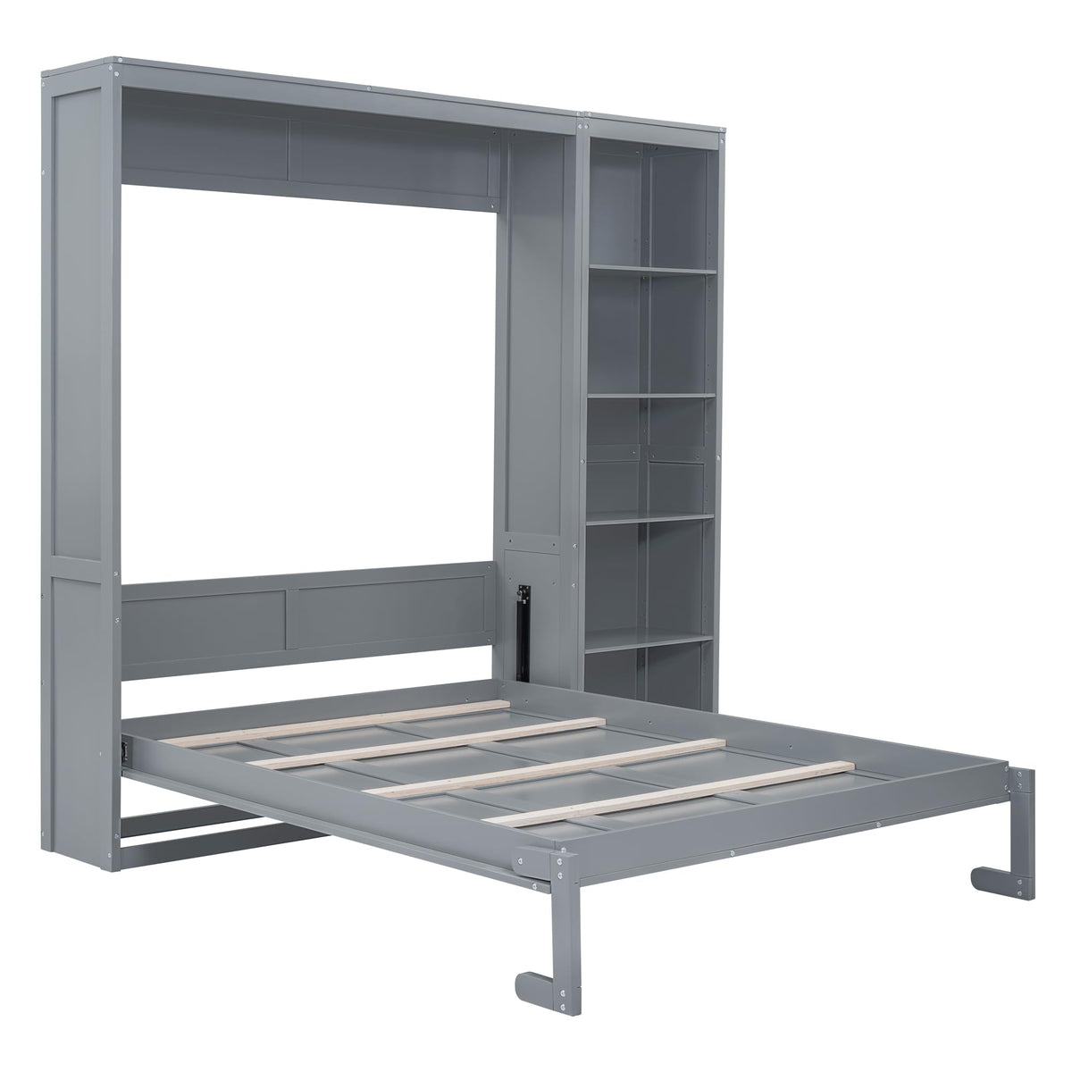 PacknWood Acosure Queen Size Murphy Five-Layer Cabinet,Solid Wood Storage Hidden Wall Beds Frame,W/Dual Piston Metal Folding Mechanism Designed,Space-Saving,for Home Office,Study,Guest Room,Gray