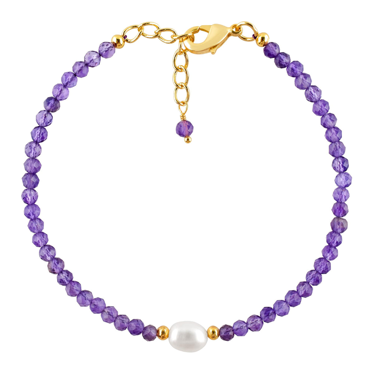 InfinityGemsArt Amethyst Bracelets For Women, February Birthstone Natural Purple Stone, Chakra Healing Crystal Freshwater Pearl Beaded Minimalist Lightweight Everyday Wear Jewelry, Gold Plated Chain 8 Inch