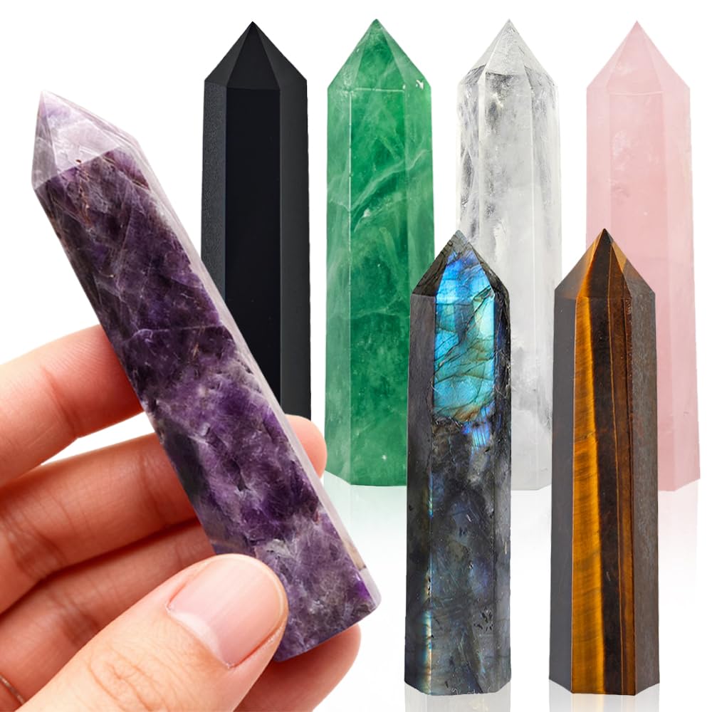 Natural Stone and Crystals Point Wand Reiki Healing Stone Rose Quartz Amethyst Home Decor Mineral Stones Crafts Crystal Amethyst Cornucopia 7-8cm 7pcs Set