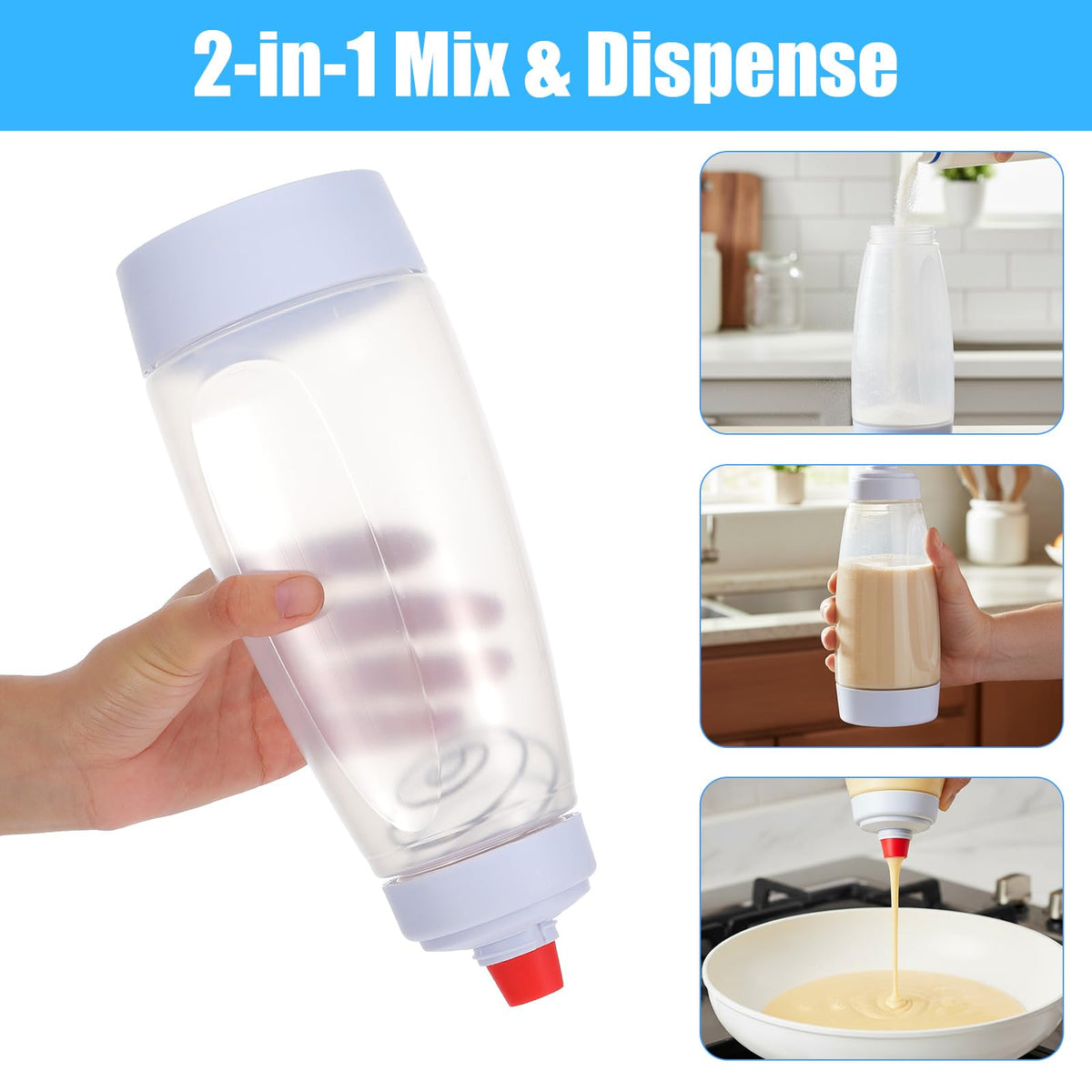 2-Pack Pancake Batter Dispenser and Mixer Bottles with Whisk Balls, 1000ml Large Capacity Squeeze Bottle for Pancakes, Cupcakes, Muffins, Crepes - Dishwasher Safe Baking Tool