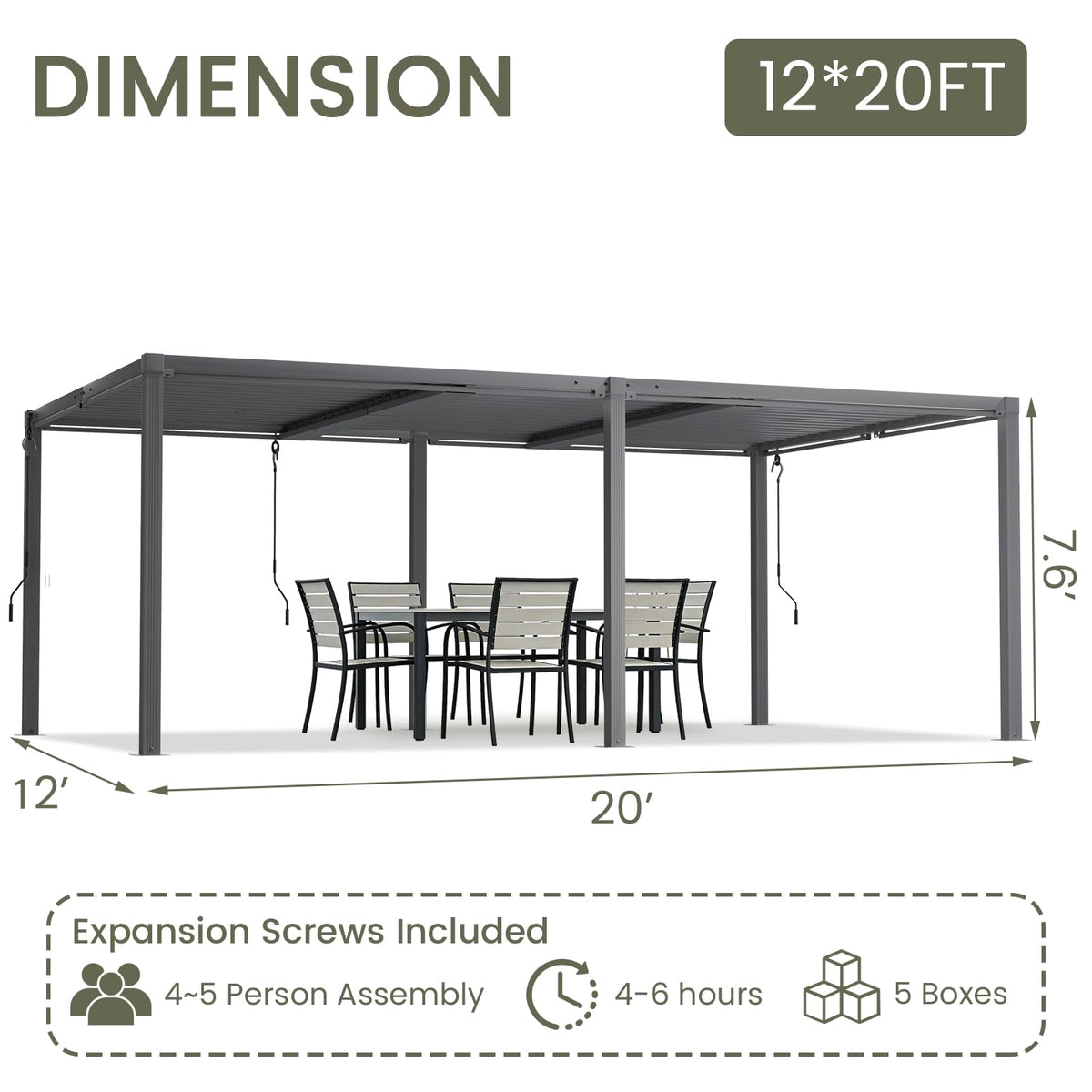 SAILARY Louvered Pergola 12' x 20', Large Outdoor Aluminum Pergola with Reinforced Steel Roof, Heavy-Duty Hardtop Gazebo for Patio Garden, Weatherproof Sun Shade Shelter, Grey