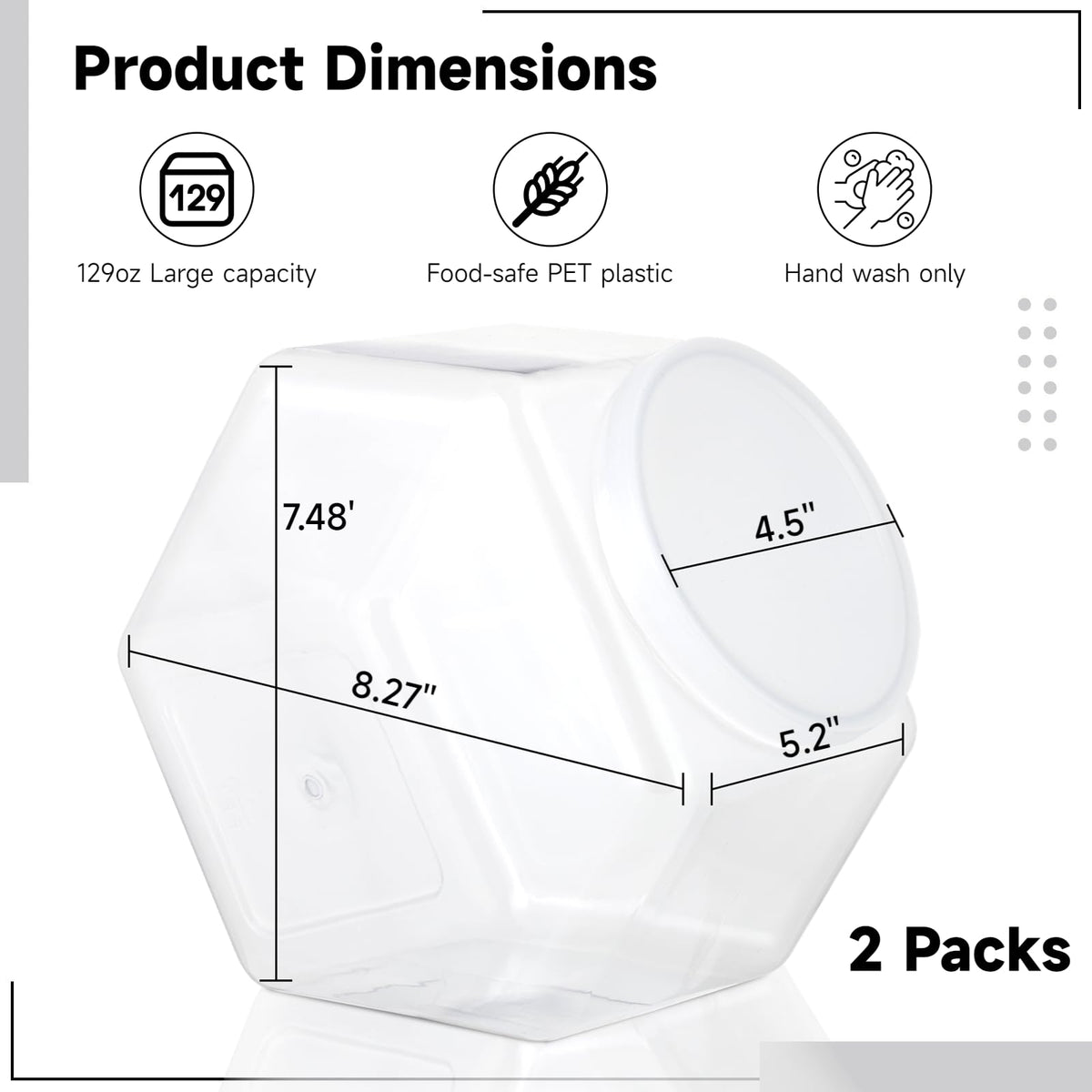 Varku 129oz Plastic Candy Jars, 2 Packs Hexagon Cookie jars with Snap-On Lid, Clear Candy Containers for Kitchen Counter, Plastic Canisters for Snacks, Flour, Pet Treats