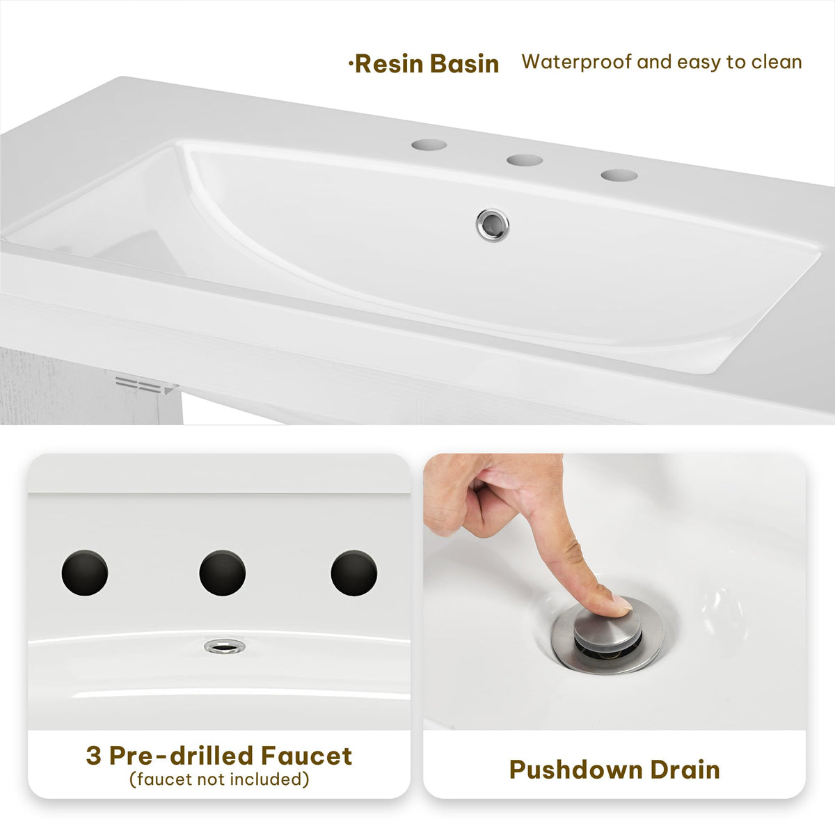 DWVO 36 Inch Bathroom Vanity with Sink, Modern Bathroom Storage Cabinet with Resin Basin, Three Holes, 2 Doors & 3 Drawers