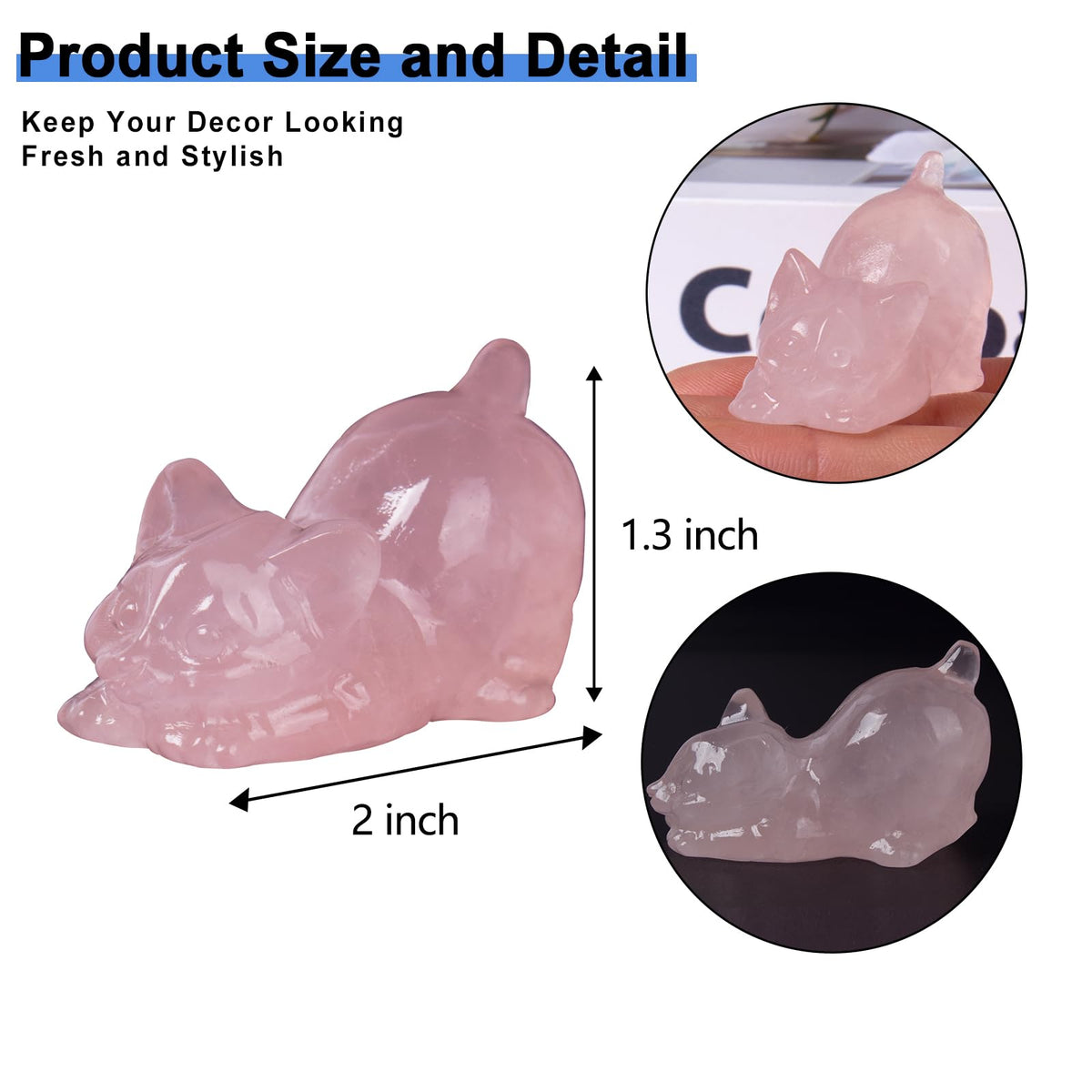 Rose Quartz Crystal Cat Figurines, 2 Inch Pink Kitten Statues for Kitten Lovers and Collectibles, Cat Decor Fingurines for Home Desk Office, Carved Healing Crystal Reiki Animal Gifts for Women
