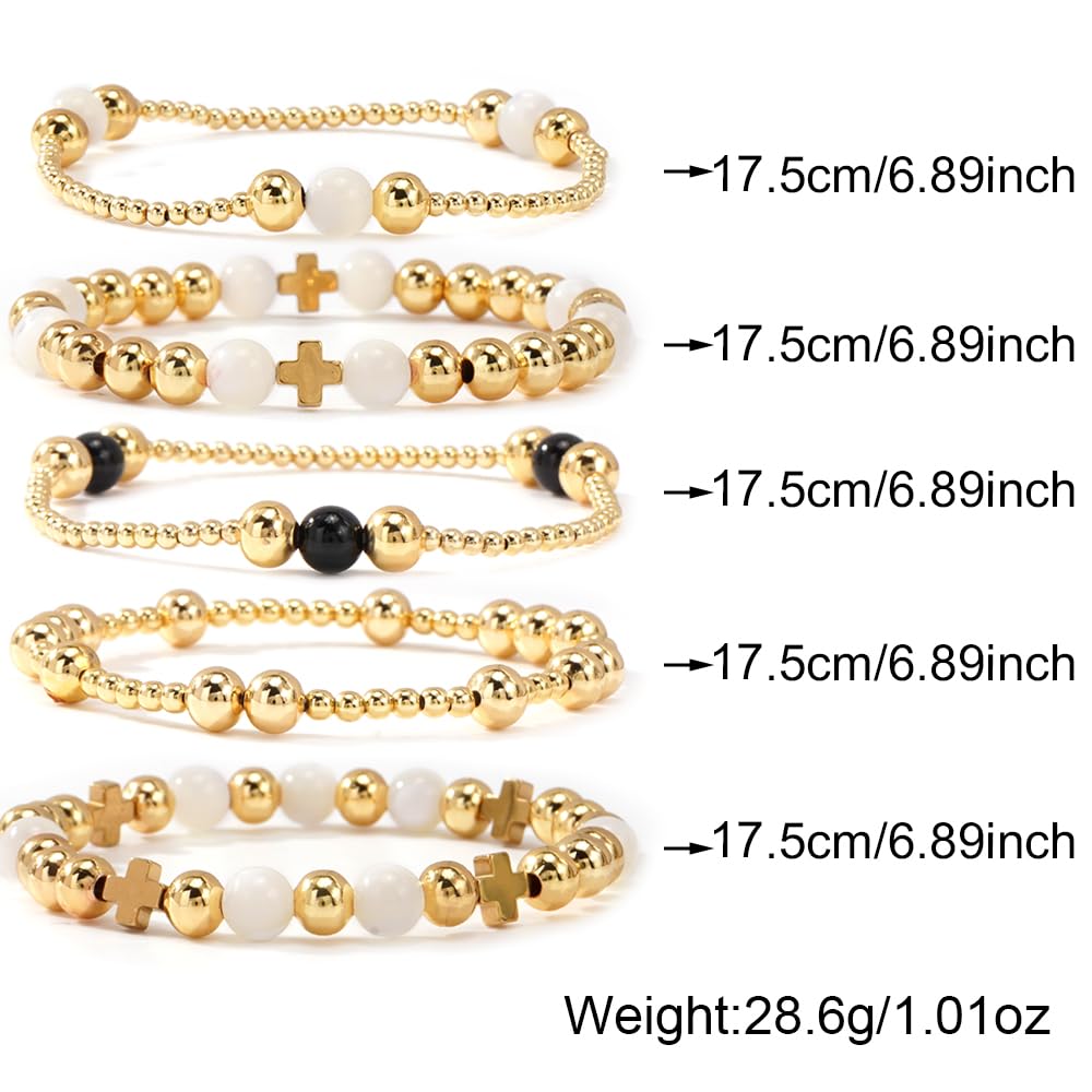 Bohxantium Gold Cross Beaded Bracelets for Women Handmade Boho Stretch Stackable 14K Gold Plated Glass Round Beads Ball Bracelet Stack Non Tarnish Trendy Jewelry Set Accessories Christian Gift