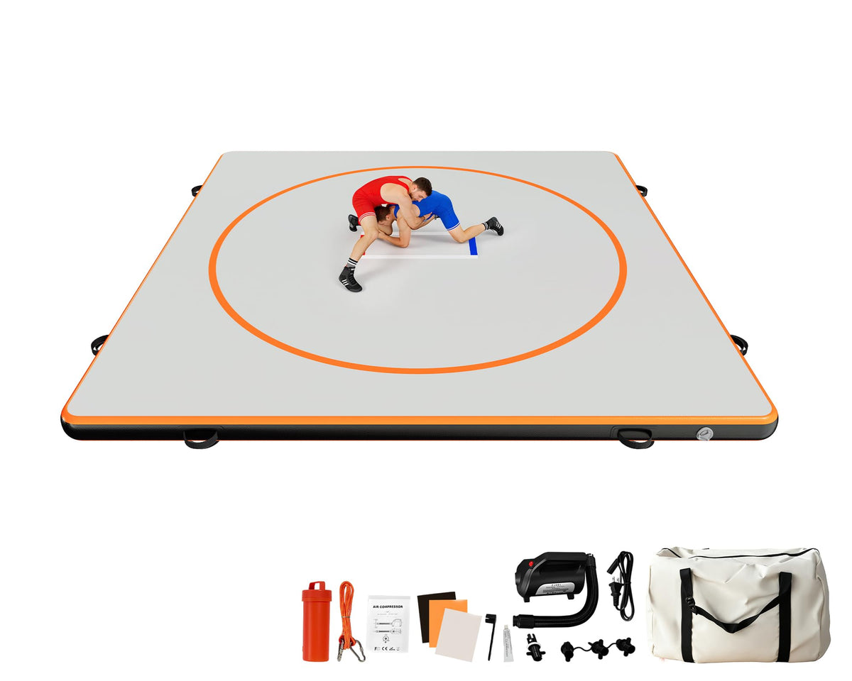 Specraft 10x10 FT Inflatable Wrestling Mat 4" Thick PVC Orange/Gray Waterproof Jiu Jitsu Mats for Jiu Jitsu, BJJ, MMA, Grappling & Water Yoga, Indoor/Outdoor, Includes Dust Bag & Repair Kit