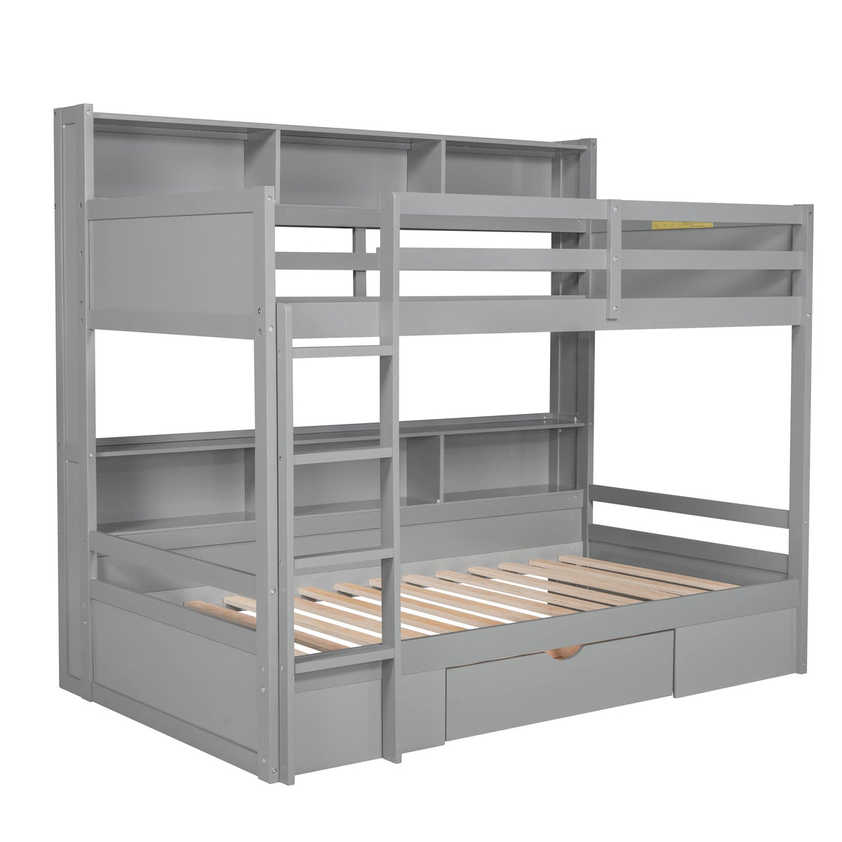 Ball & Cast Twin Over Twin Bunk Bed with Built-in Shelves Beside Both Upper and Down Bed & Storage Drawer, Twin Size Wooden Bunk Bed with Guardrails and Ladder for Kids,Teens,Adult,Gray