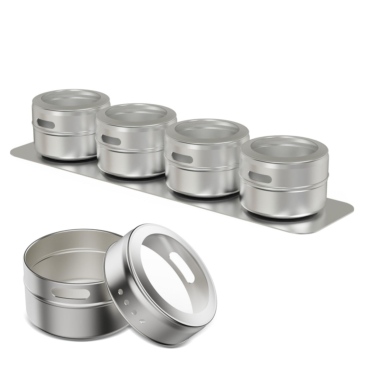 Vetacsion Set of 16 Magnetic Spice Tins with 4 Metal Wall-Plates,100 Preprinted Seasoning Label Stickers,2 Styles for 3 oz Herb Jars