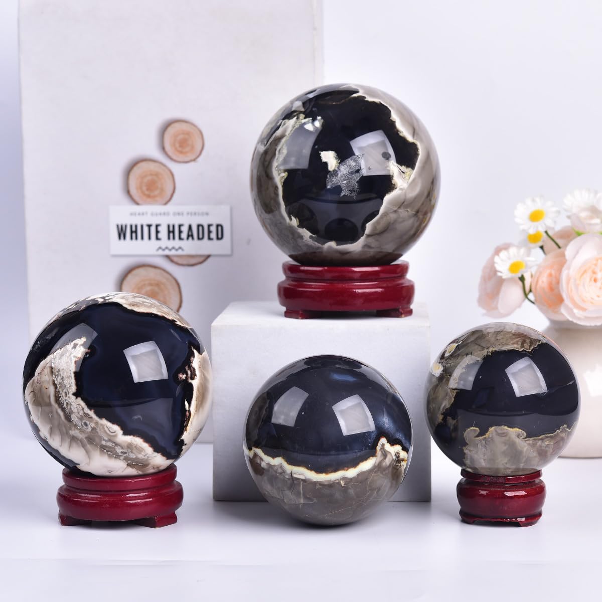 JIC Gem Volcanic Agate Crystal Sphere Large Quartz Crystal Ball with Stand Healing Ornament Witchcraft Meditation Decor 2.3-2.7 inch(60-70mm)