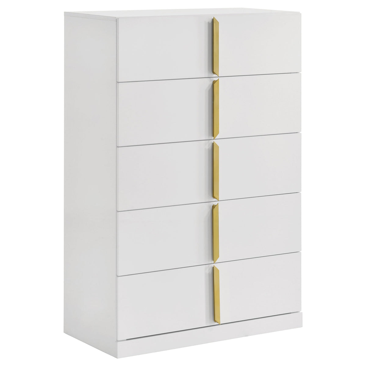 Coaster Home Furnishings - INES - Wood - 5-Drawer Chest with Vertical Gold Pulls, English Dovetail Joinery and Contemporary Design - Bedroom - White High Gloss - 223095