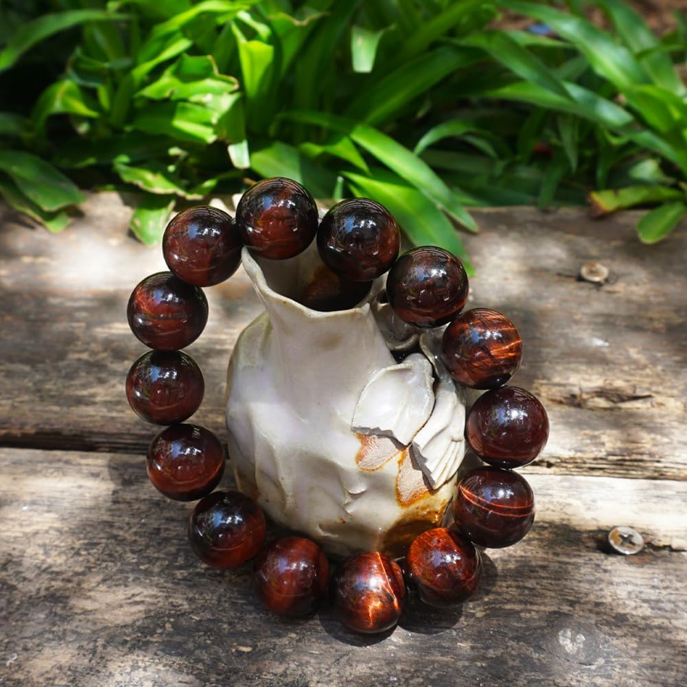 TaHLga 18MM Red Tigers Eye Bracelet for Men Women| Natural Crystal Beads for 10 inch XXXLarge Wrist | With Velvet Bag, Gift Box, Repair Kit | Root Chakra Stone Energy Shield